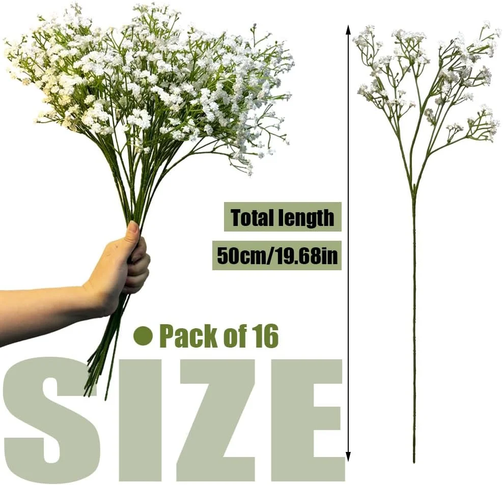 آرت جوی 16 شاخه گل مصنوعی، دسته گل نفس کودک، گل عروس 50 سانتی‌متری، دسته گل ستاره‌ای آبی رنگ مصنوعی برای دسته گل عروسی، دکوراسیون منزل (سفید)