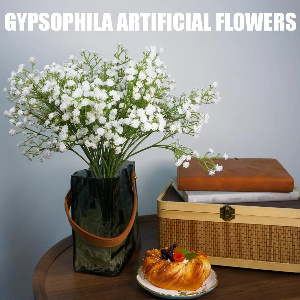 آرت جوی 16 شاخه گل مصنوعی، دسته گل نفس کودک، گل عروس 50 سانتی‌متری، دسته گل ستاره‌ای آبی رنگ مصنوعی برای دسته گل عروسی، دکوراسیون منزل (سفید)