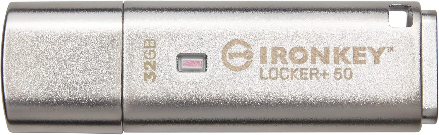 فلش مموری USB رمزگذاری شده 32 گیگابایتی Kingston Ironkey Locker+ 50 | USB 3.2 Gen 1 | محافظت XTS-AES | گزینه های امنیتی چند رمز عبوری | پشتیبان گیری خودکار ابری | بدنه فلزی | IKLP50/32GB، نقره ای