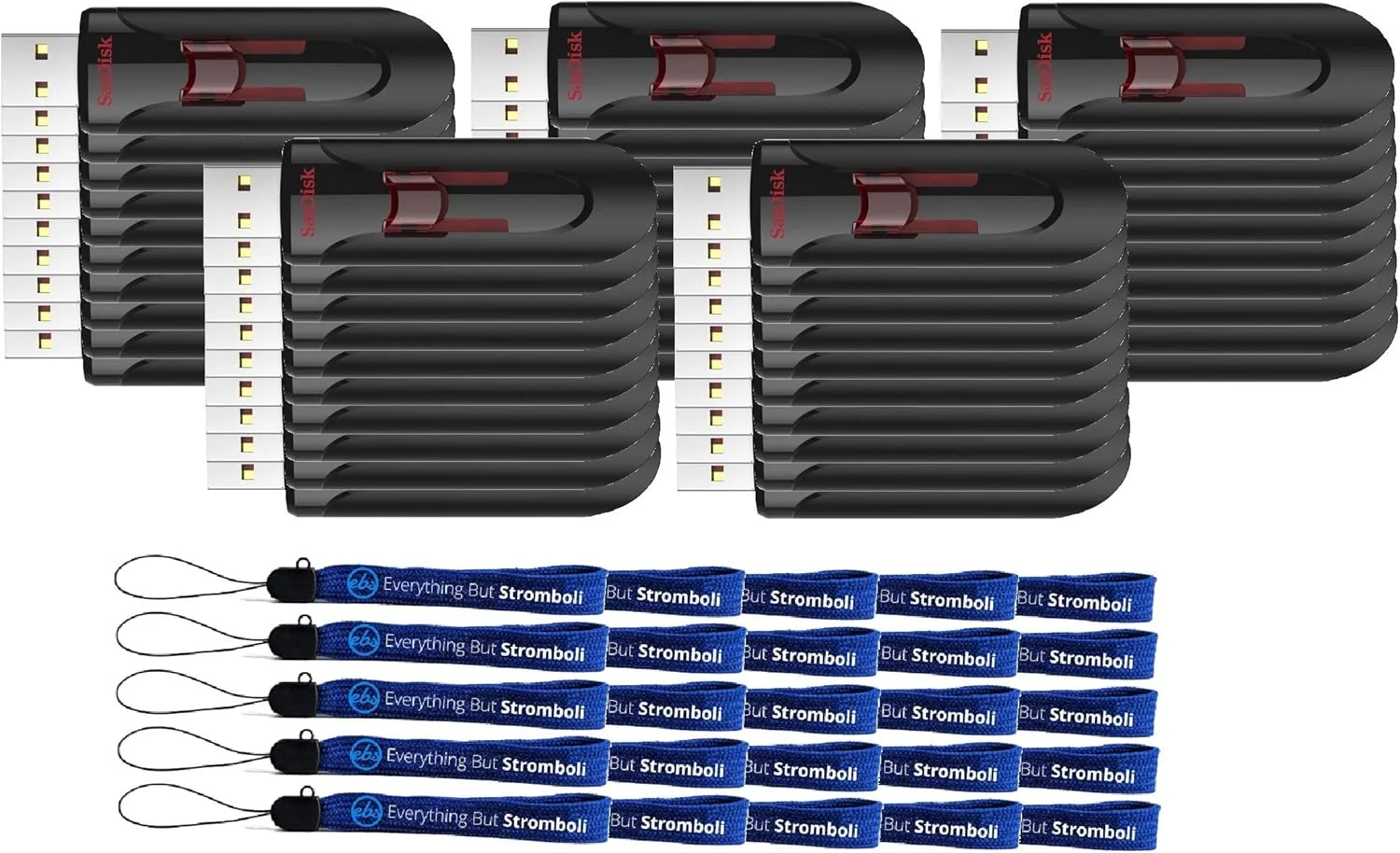 فلش مموری USB 3.0 سن دیسک کروزر گلاید 32 گیگابایتی (بسته 50 عددی) سازگار با لپ تاپ و کامپیوتر با پورت USB 2.0/3.0 (SDCZ600-032G-G35) به همراه (25) بند گردنی Everything But Stromboli
