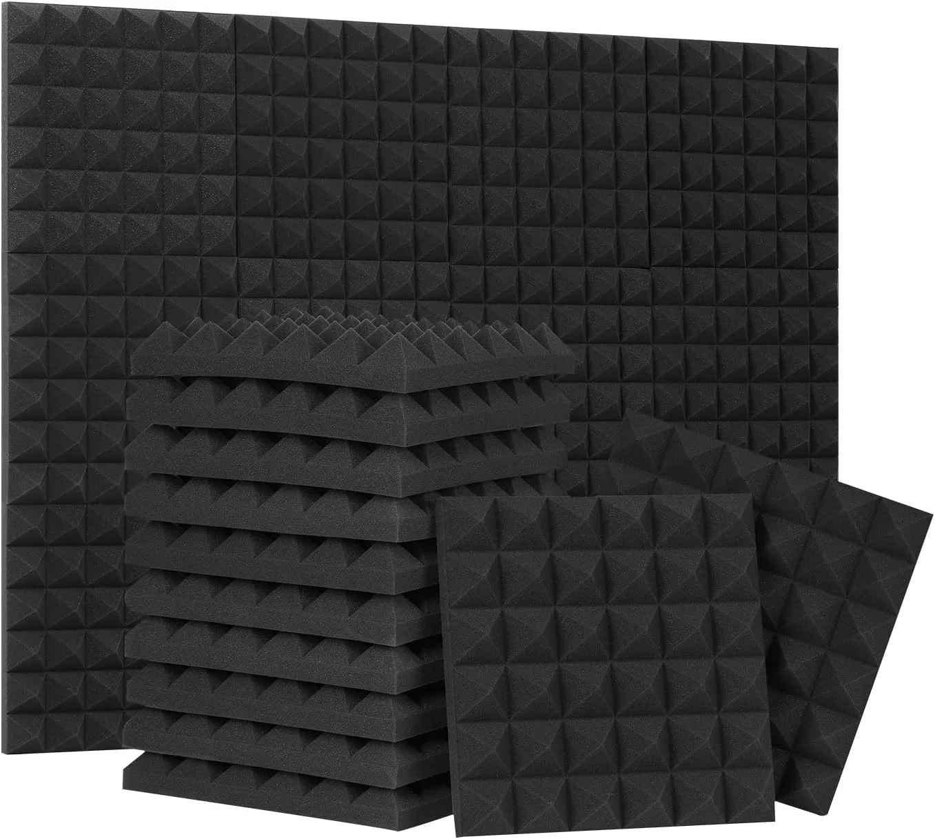 بسته 24 عددی پنل های آکوستیک طرح هرمی 30x30x5 سانتی متر، پنل های فوم عایق صدا مشکی، پنل های آکوستیک با چگالی بالا و مقاوم در برابر آتش، پنل های صدا، فوم استودیو برای دیوار و سقف