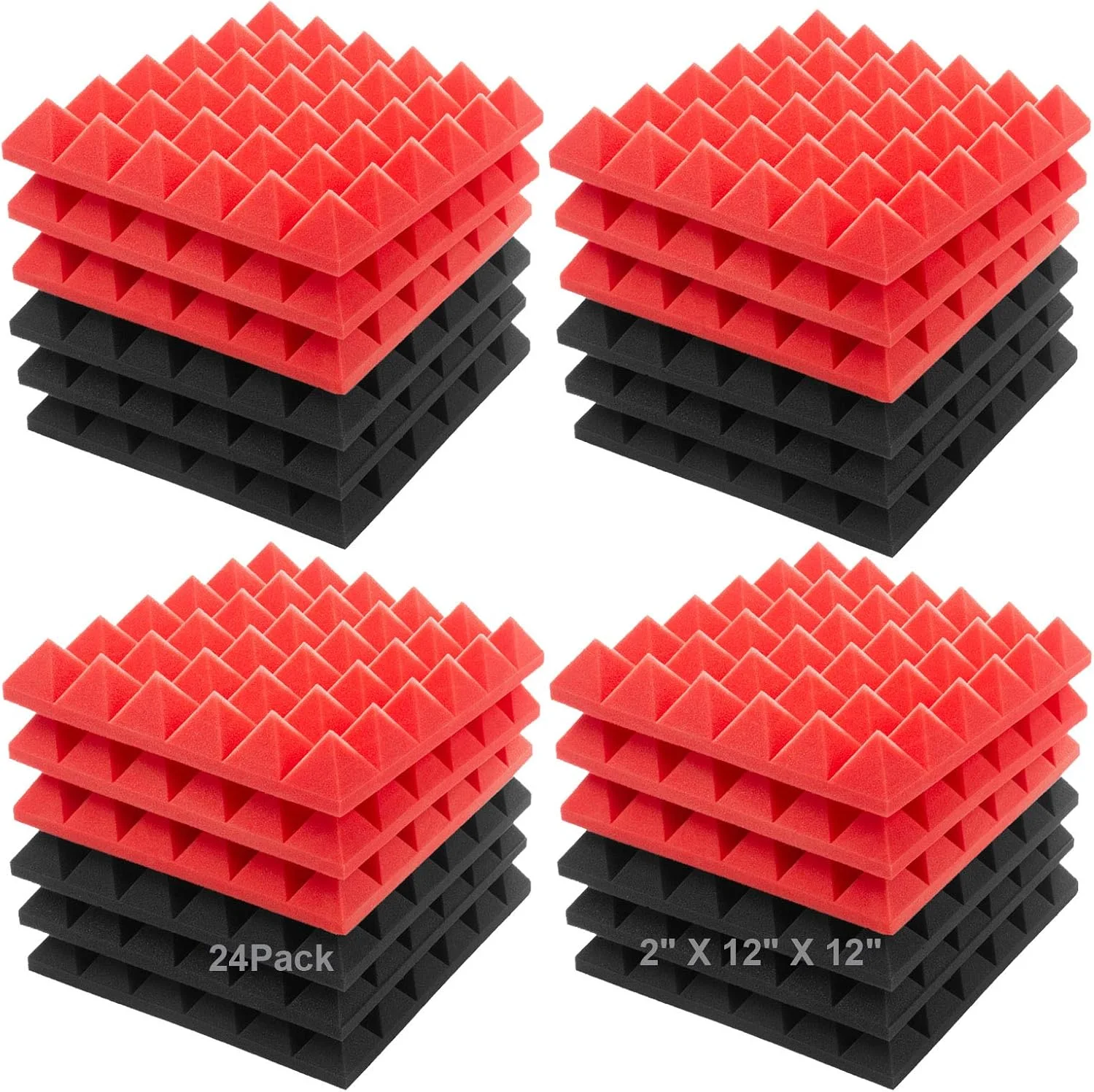 پنل های فوم آکوستیک JBER، بسته 24 عددی 2" X 12" X 12" قرمز و مشکی، عایق صدا، پد دیواری استودیو، جاذب صدا، ضد حریق، طرح هرمی