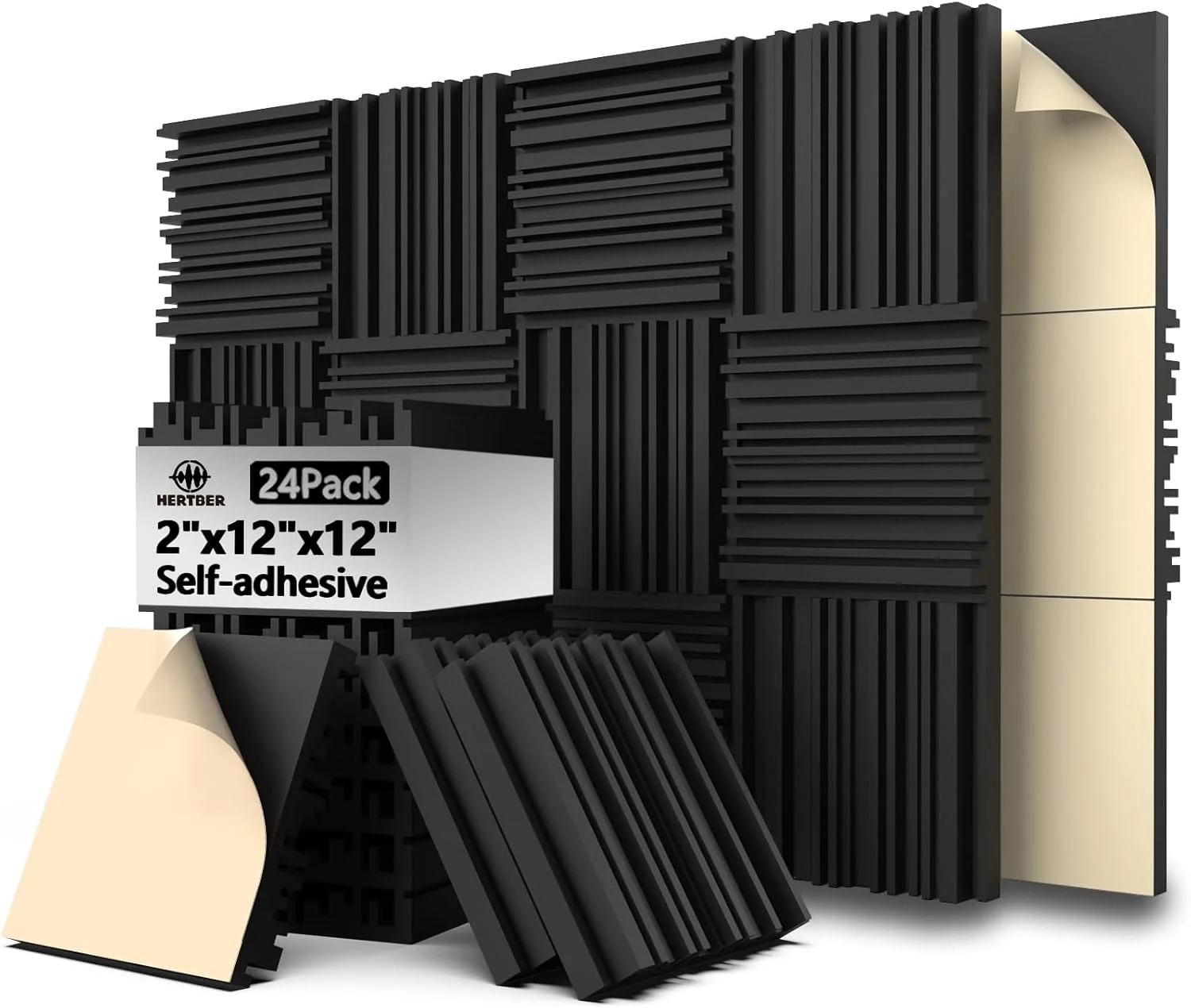 24 عدد پنل فوم آکوستیک، پنل های عایق صدا مشکی شیاردار خود چسب، 30x30x5 سانتی متر، پنل های فوم عایق صدا با چگالی بالا برای دیوارها، ضبط استودیو، دفتر، خانه