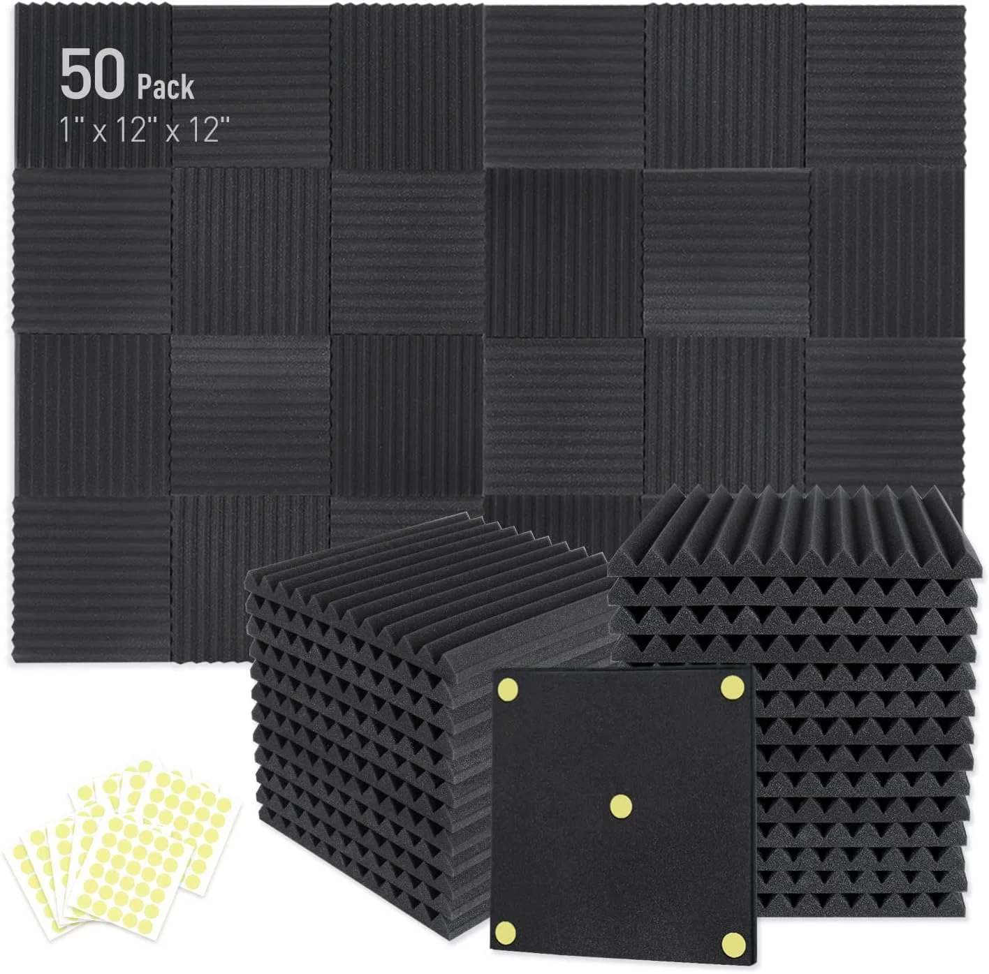فوم آکوستیک Focusound بسته 50 عددی 2.5 در 30 در 30 سانتی متر، پنل های عایق صدا، پنل های گوه ای حذف نویز برای استودیو ضبط خانگی و اداری به همراه 300 عدد چسب دو طرفه