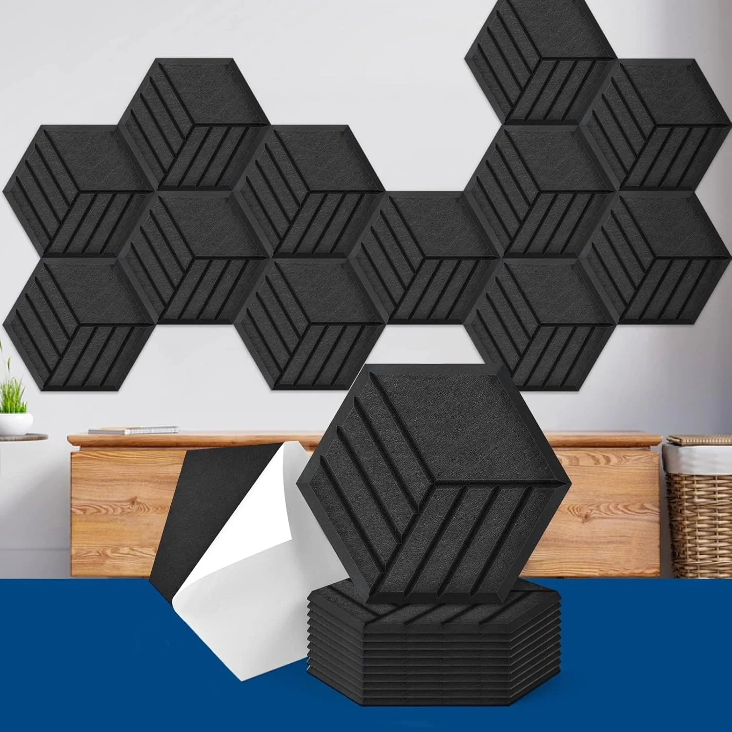 پنل های آکوستیک خود چسب Art3dwallpanels، 35.5 در 30.5 در 1 سانتی متر، بسته 12 عددی پنل های عایق صدا، پنل های جاذب صدا با چگالی بالا، پنل های شش ضلعی لبه پخ دار برای کاهش صدا، تایل های مناسب برای استودیو