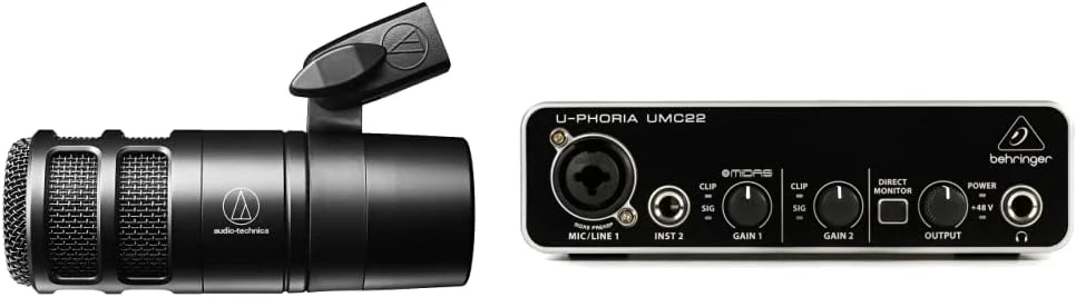 میکروفون پادکست داینامیک Audio-Technica AT2040 با الگوی قطبی هایپرکاردیوید، مشکی و کارت صدای USB اودیو Behringer U-PHORIA UMC22 با 2 ورودی و 2 خروجی و پری امپ میکروفون Midas میکروفون پادکست داینامیک Audio-Technica AT2040 با الگوی قطبی هایپرکاردیوید، مشکی و کارت صدای USB اودیو Behringer U-PHORIA UMC22 با 2 ورودی و 2 خروجی و پری امپ میکروفون Midas