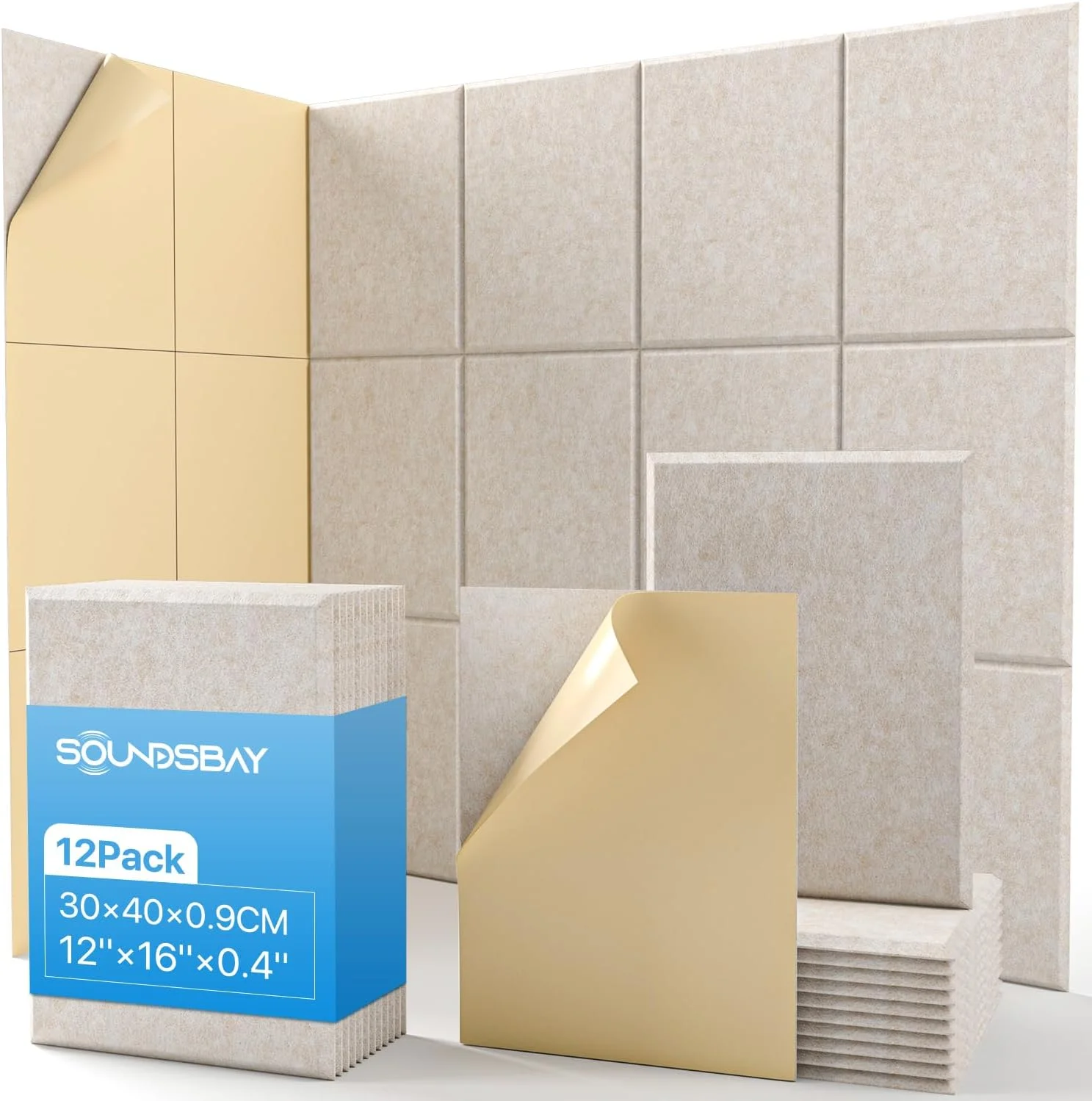 پنل های عایق صدای دیوار Soundsbay، 40 در 30 سانتی متر، پنل های دیواری خود چسب عایق صدا، بسته 12 عددی فوم عایق صدا با چگالی بالا 170 کیلوگرم بر متر مکعب برای دیوارها، در، سقف، دفتر کار خانگی، بژ