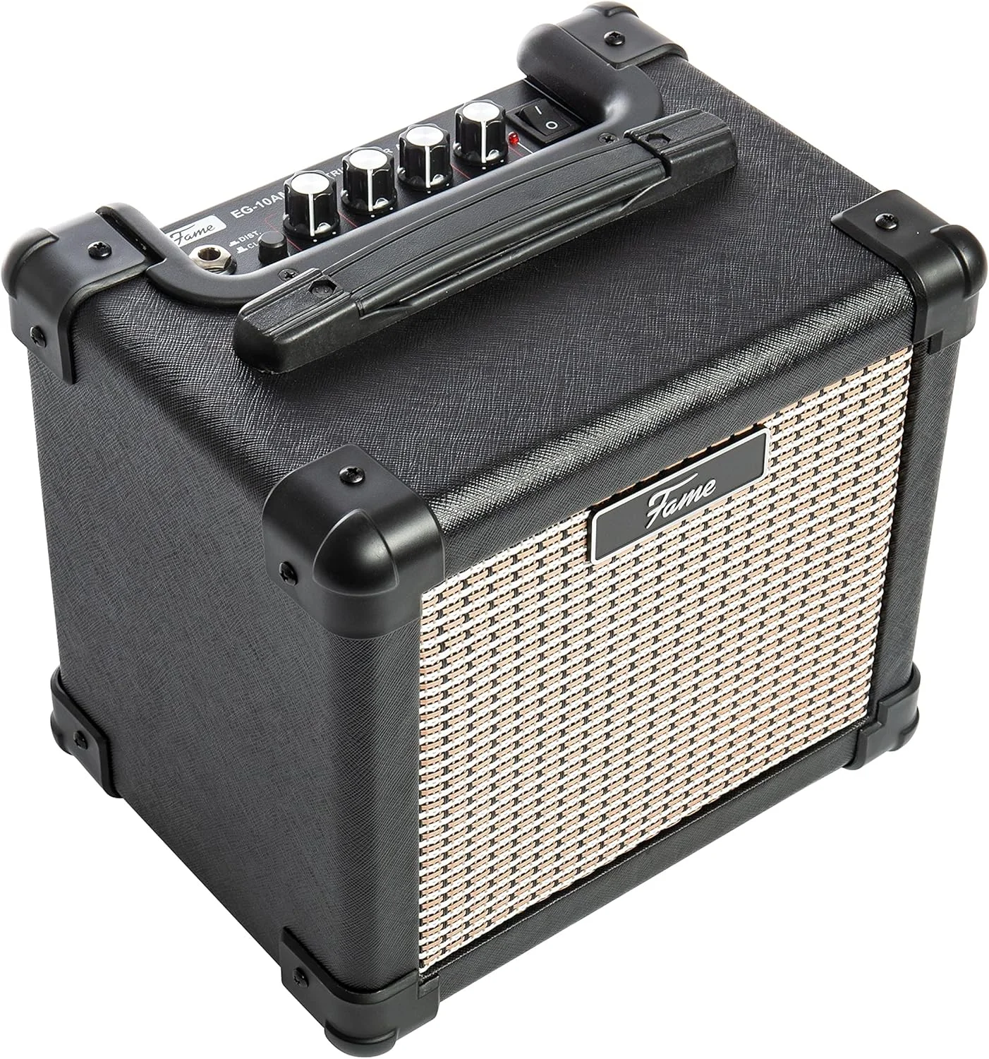 آمپلی‌فایر گیتار الکتریک 10 واتی Fame EG-10AM، کامپکت، دارای تنظیمات 2 بانده صدا، دیستورشن قابل تنظیم، ایده‌آل برای تمرین، قابلیت کار با باتری