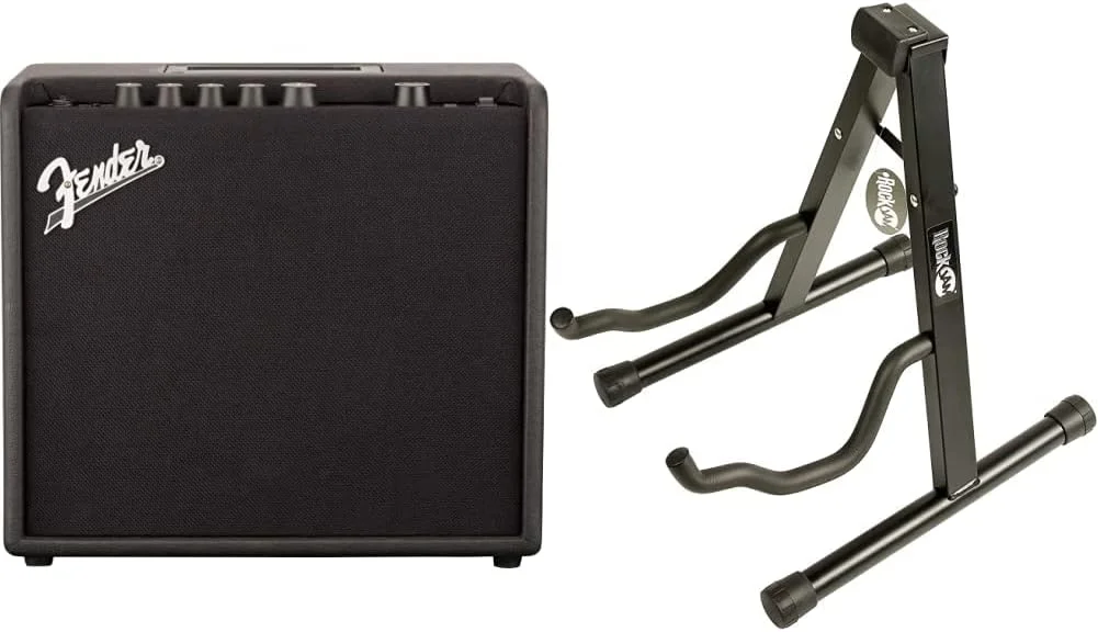 آمپلی فایر گیتار Fender Mustang LT25، 25 وات و پایه گیتار A-Frame قابل حمل Rockjam یونیورسال برای گیتار آکوستیک، گیتار الکتریک و گیتار باس