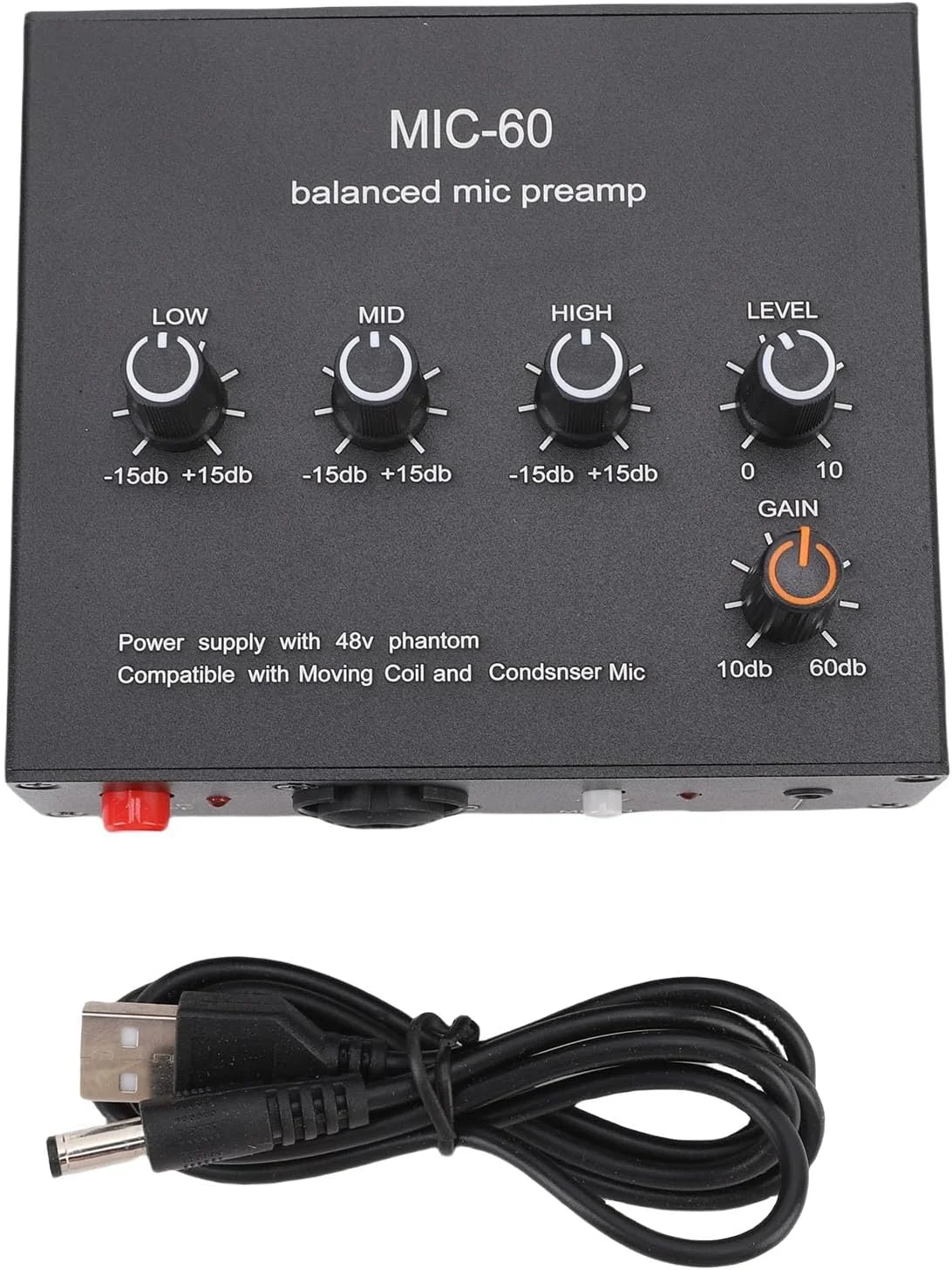پری امپ میکروفون با ورودی/خروجی 3.5 میلی‌متری، 6.35 میلی‌متری و XLR، تقویت‌کننده 60 دسی‌بل و فانتوم پاور 48 ولت برای میکروفون‌های خازنی و داینامیک