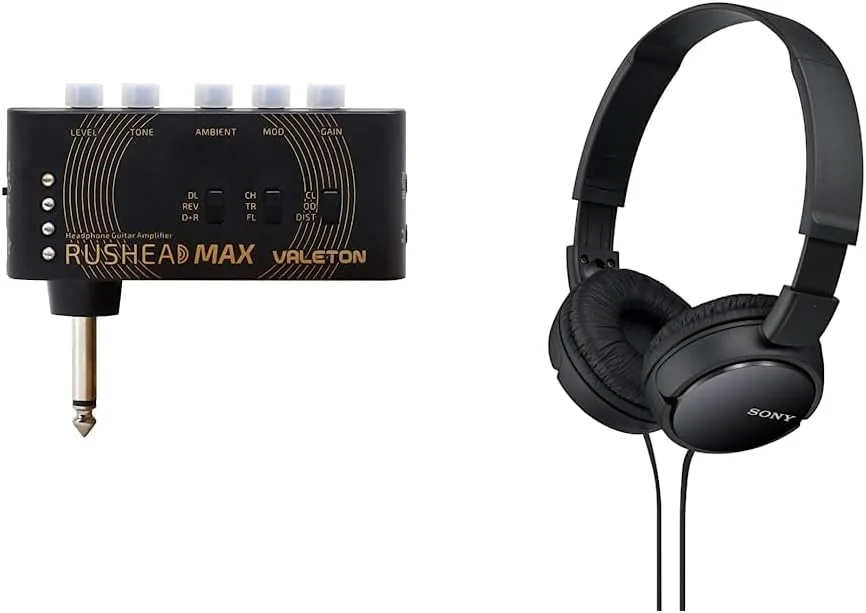 VALETON Rushead Max مینی آمپلی فایر USB قابل شارژ جیبی قابل حمل گیتار هدفون آمپلی فایر اتاق خواب جلوه های ویژه RH-100 و هدفون تاشو Sony MDR-ZX110، مشکی، 25