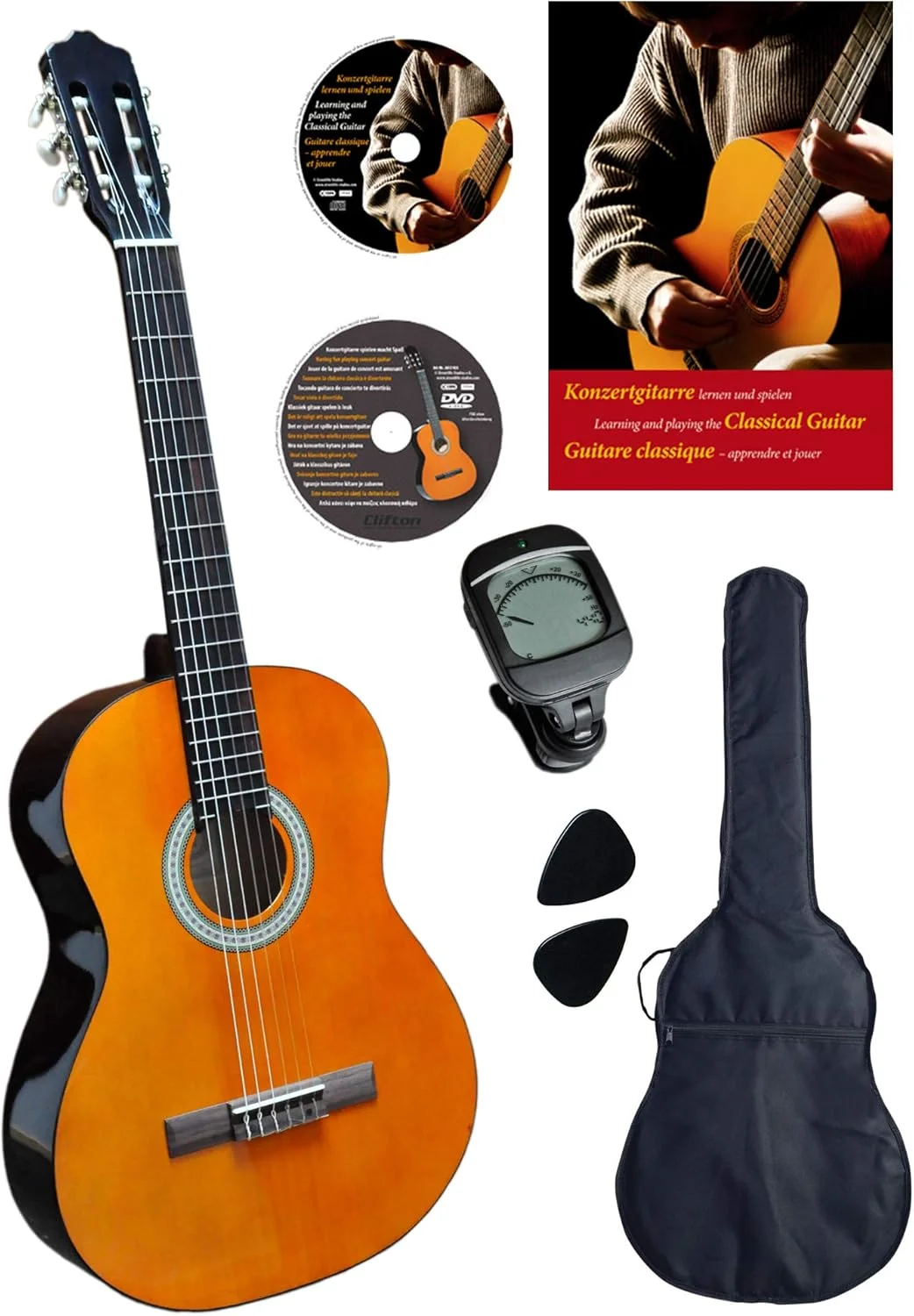 گیتار کلاسیک سایز 4/4، Clifton، ست آغازگر، صفحه رویی صنوبر چندلایه، رنگ رزوود با حاشیه‌های کرم رنگ، شامل کیف با بند کوله‌پشتی، کتاب آموزشی به همراه آهنگ‌های پرطرفدار و سی‌دی کارائوکه، دی‌وی‌دی آموزشی، تیونر کلیپسی (کوک‌کننده) با نمایشگر سوزنی ال‌سی‌دی با نور پس‌زمینه، 2 پیک، صفحه انگشت‌گذاری و بریج رزوود