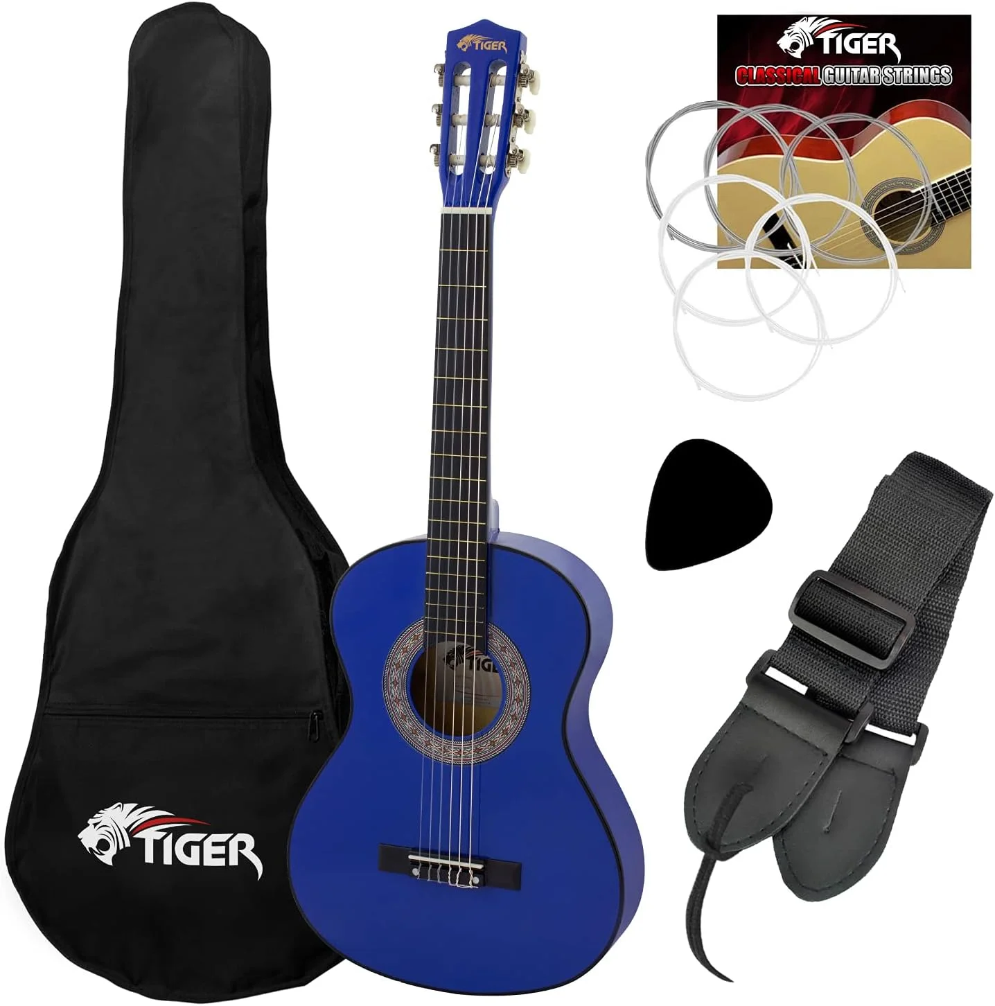 گیتار کلاسیک چپ دست سایز 3/4 TIGER CLG4، گیتار کودکانه کلاسیک به صورت بسته - گیتار اسپانیایی، بسته شامل کیف، سیم های اضافی، بند و پیک، ایده آل برای سنین 9 تا 11 سال - آبی