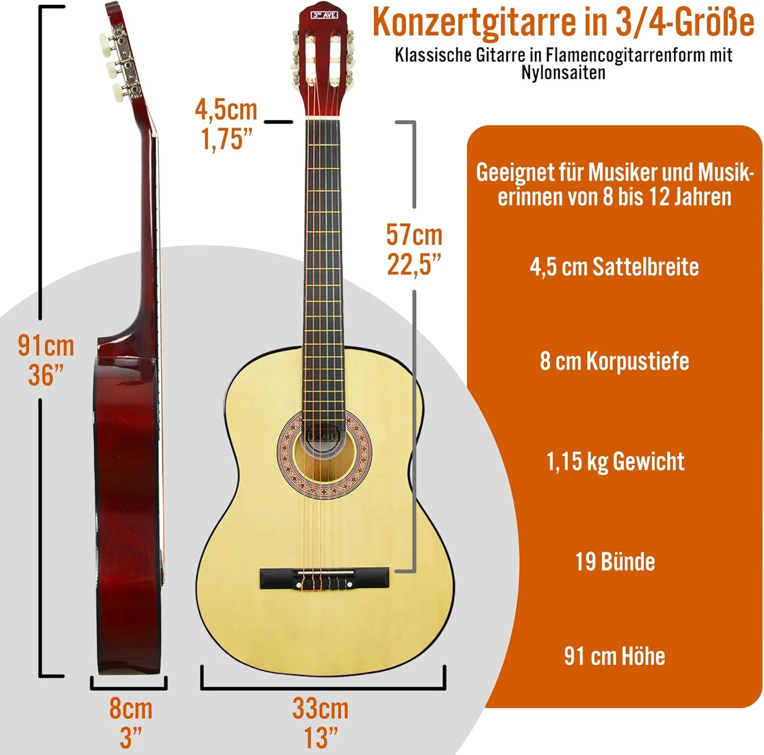 ست آغازین گیتار فلامنکو 3/4 3rd Avenue در اندازه کوچک/کودکانه، گیتار کنسرت با سیم های نایلونی، شامل کیف حمل - رنگ طبیعی