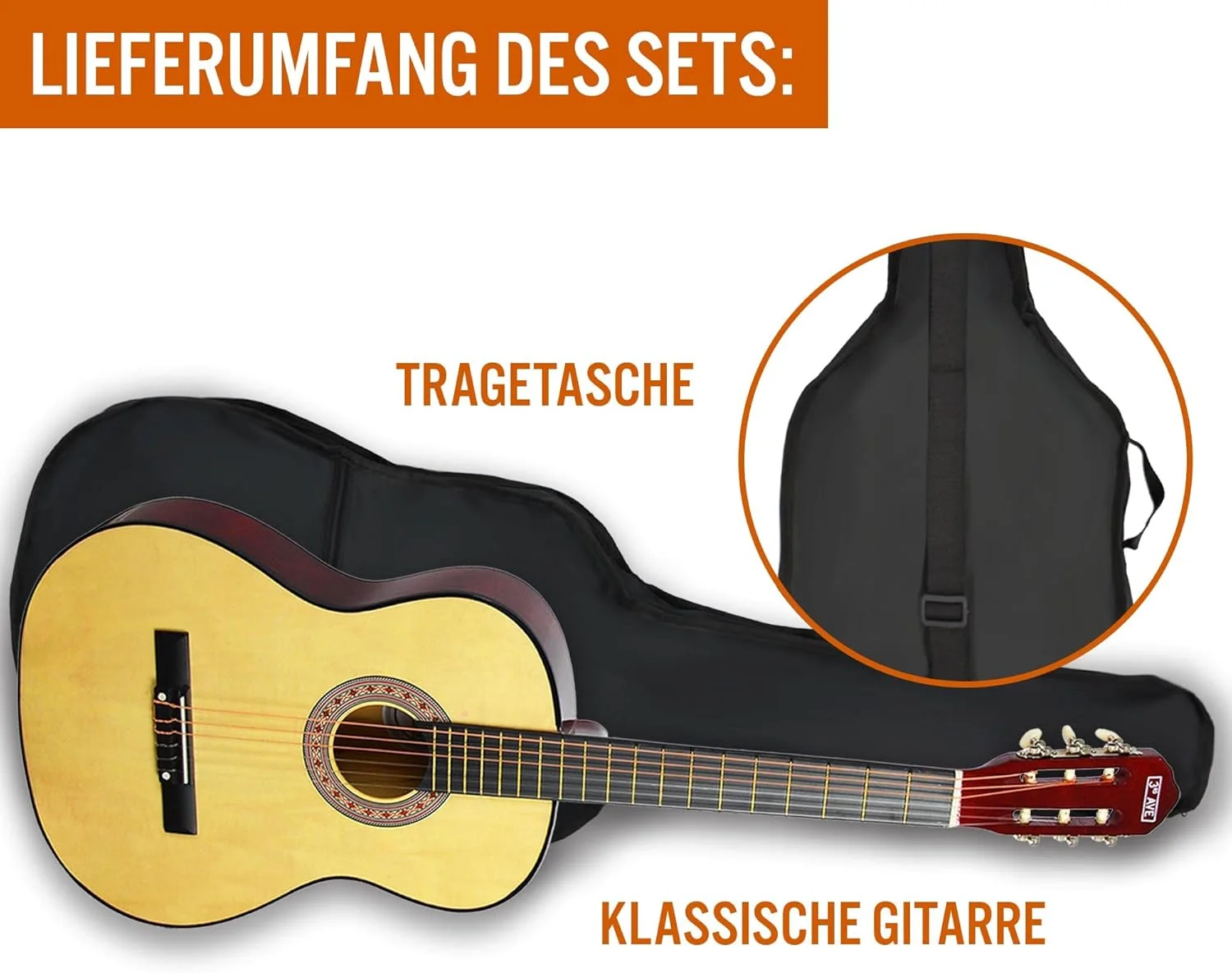 ست آغازین گیتار فلامنکو 3/4 3rd Avenue در اندازه کوچک/کودکانه، گیتار کنسرت با سیم های نایلونی، شامل کیف حمل - رنگ طبیعی