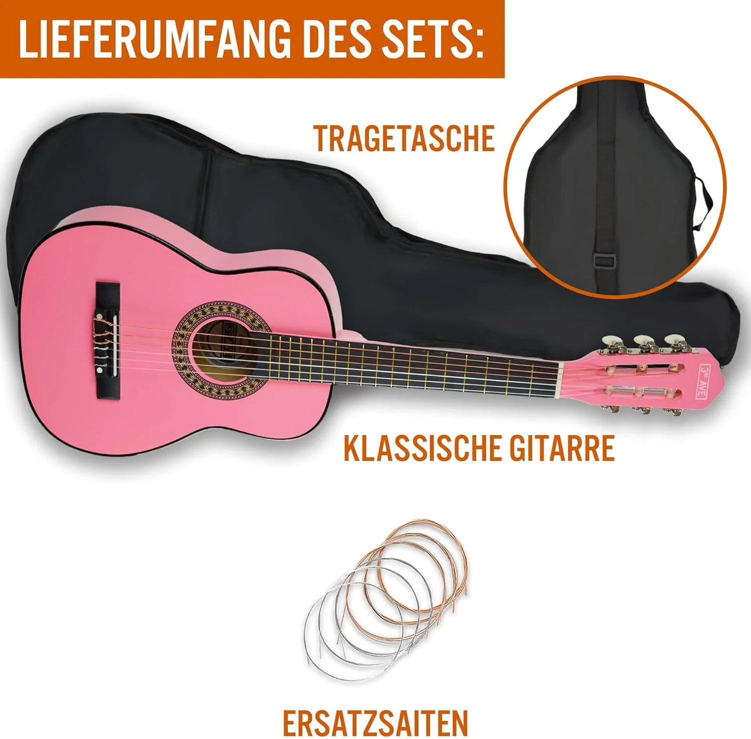 گیتار کلاسیک سایز 1/4 Third Avenue برای کودکان با سیم های نایلونی اسپانیایی - صورتی