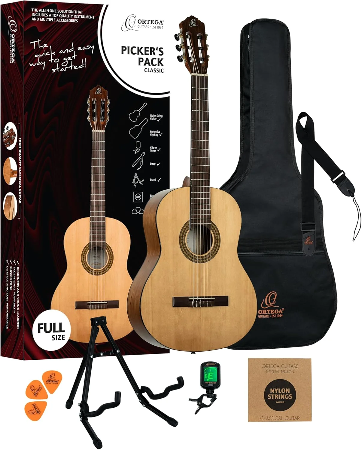 مجموعه گیتار کلاسیک ارtega برای شروع نوازندگی - پک پیکرز - شامل کیف، کوک کننده، پیک، بند، سیم، پایه - صنوبر، کاتالپا، طبیعی (RPPC44)