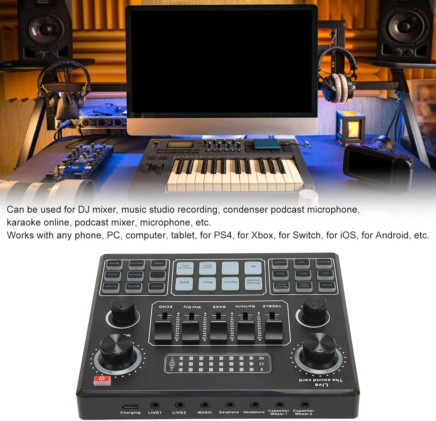 کارت صدای تغییر صدا Bewinner، میکسر صدای چهار کاناله با 12 جلوه صوتی، کارت صدای زنده برای میکسر DJ، ضبط استودیوی موسیقی، سازگار با تلفن همراه، کامپیوتر، PC