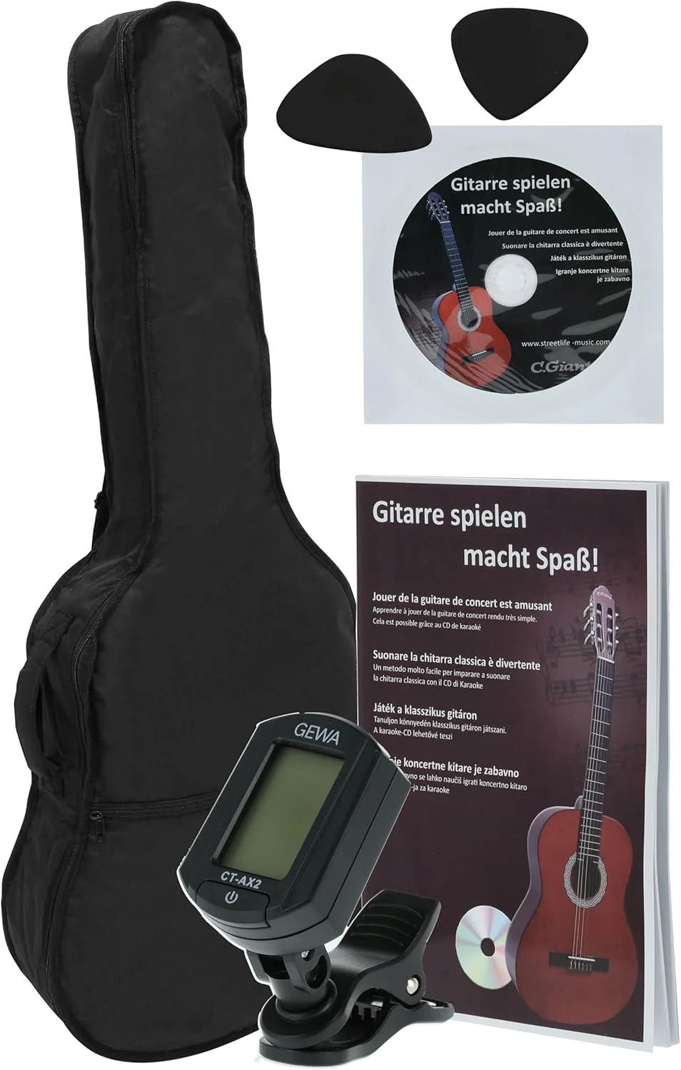 گیتار کلاسیک، گیتار 4/4 مشکی، ست مبتدی (شامل کیف، پیک، کتاب به همراه سی دی، کوک کننده)