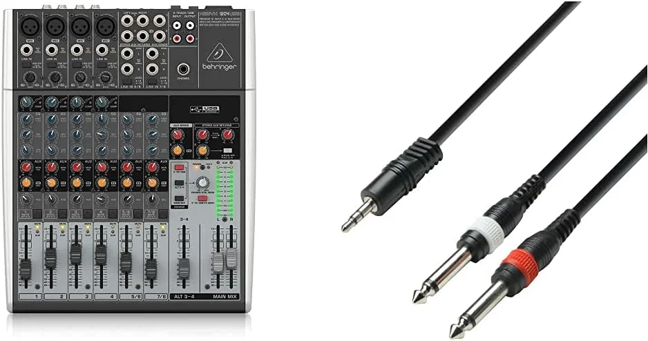 میکسر 12 کانال Behringer Xenyx 1204USB (دارای رابط صوتی USB) و کابل صوتی Adam Hall Cables K3YWPP0300 با جک 3.5 میلی‌متری استریو به 2 عدد جک 6.3 میلی‌متری مونو 3 متری