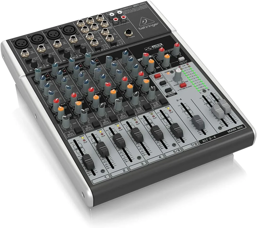 میکسر 12 کانال Behringer Xenyx 1204USB (دارای رابط صوتی USB) و کابل صوتی Adam Hall Cables K3YWPP0300 با جک 3.5 میلی‌متری استریو به 2 عدد جک 6.3 میلی‌متری مونو 3 متری