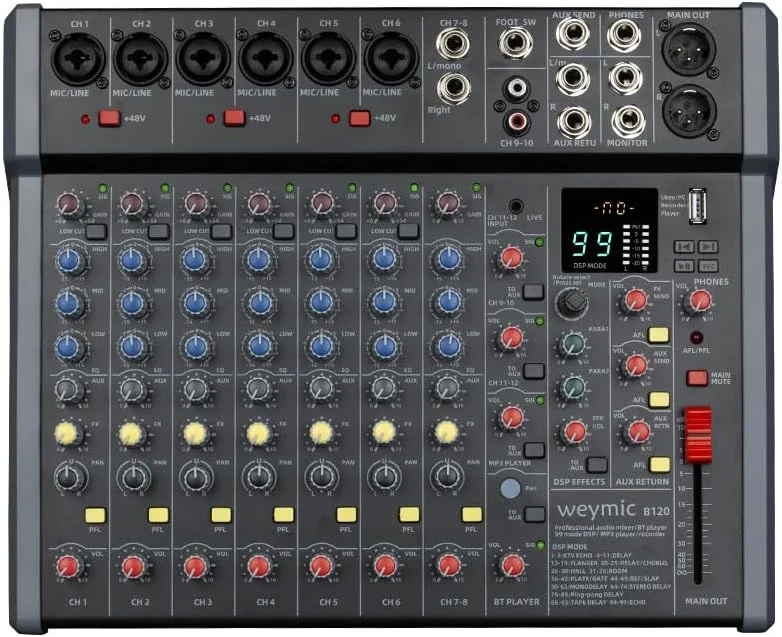 میکسر حرفه ای B120 برای ضبط استودیو، اجرای دی جی، کاربرد موسیقی کارائوکه با 99 افکت DSP، درگاه USB برای ورودی ضبط کامپیوتر، اتصال میکروفون XLR، پاور 48 ولت برای حرفه ای ها (12 کانال)
