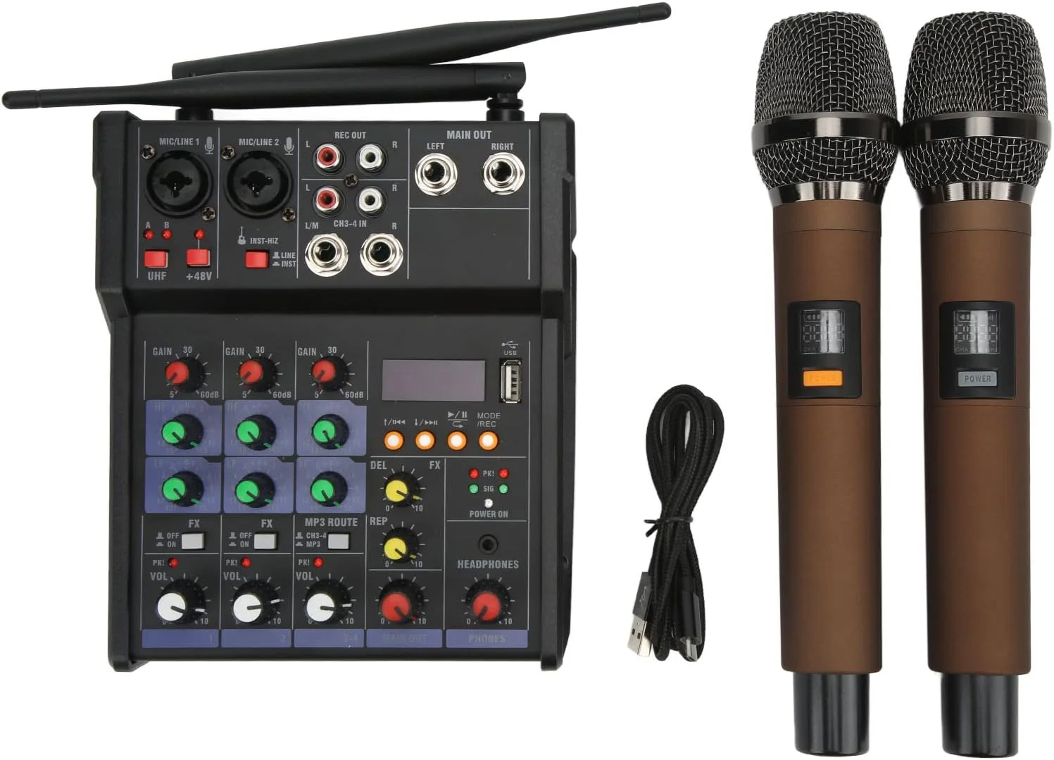 میکسر صوتی تقویت کننده اکتیو، میکسر صوتی 4 کاناله و کنسول کارت صدا، MP3 بلوتوث، منبع تغذیه 48 ولت، USB، میکسر DJ، میکسر استودیویی جمع و جور، میکسر استریو کوچک با 2 میکروفون بی سیم