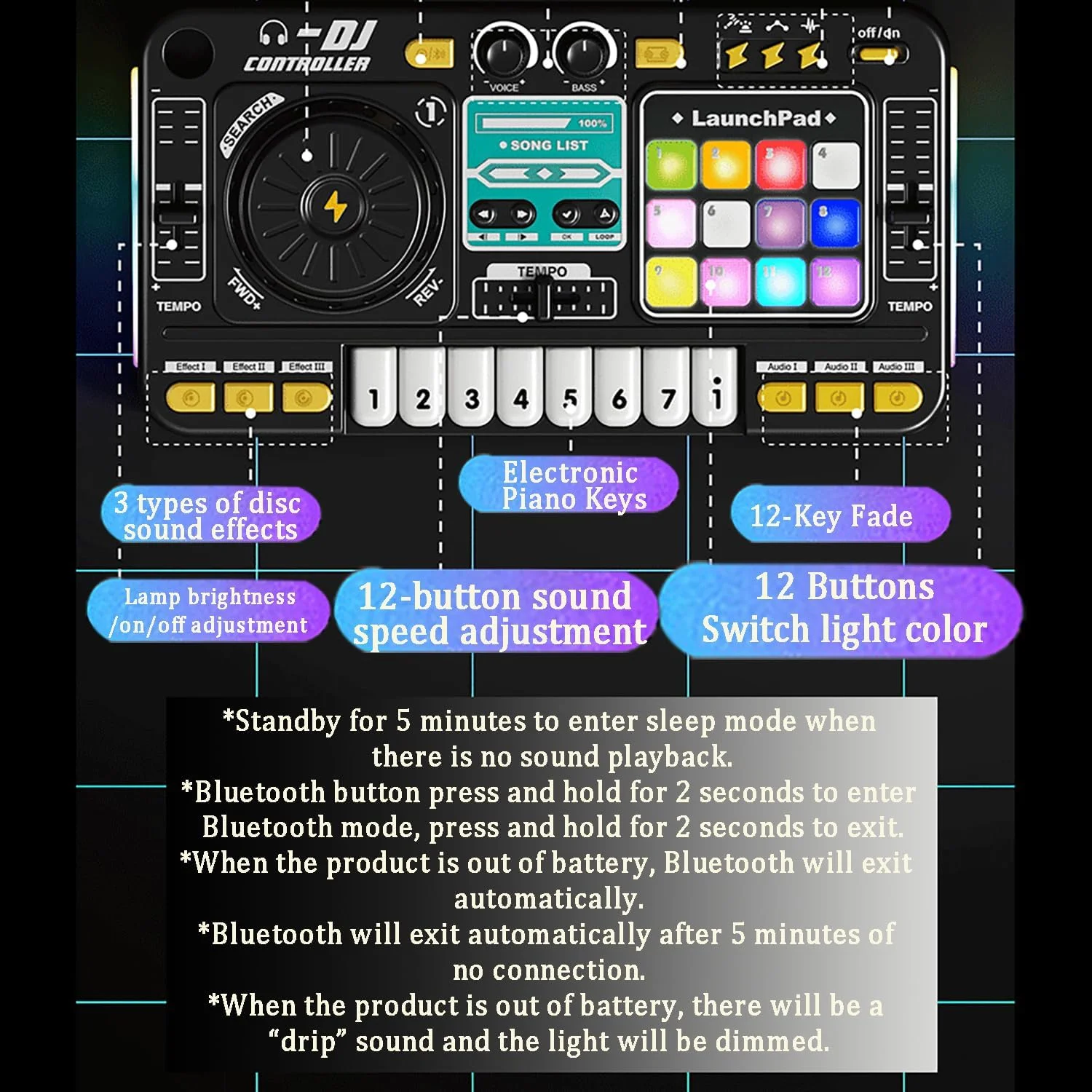 دی جی پالت مبتدی، دی جی پالت کودک، دی جی ماشین برای کودک، بلوتوث با میکروفون قابل تنظیم، گرادیان نور، مناسب برای کودکان 3-12 سال و مبتدی