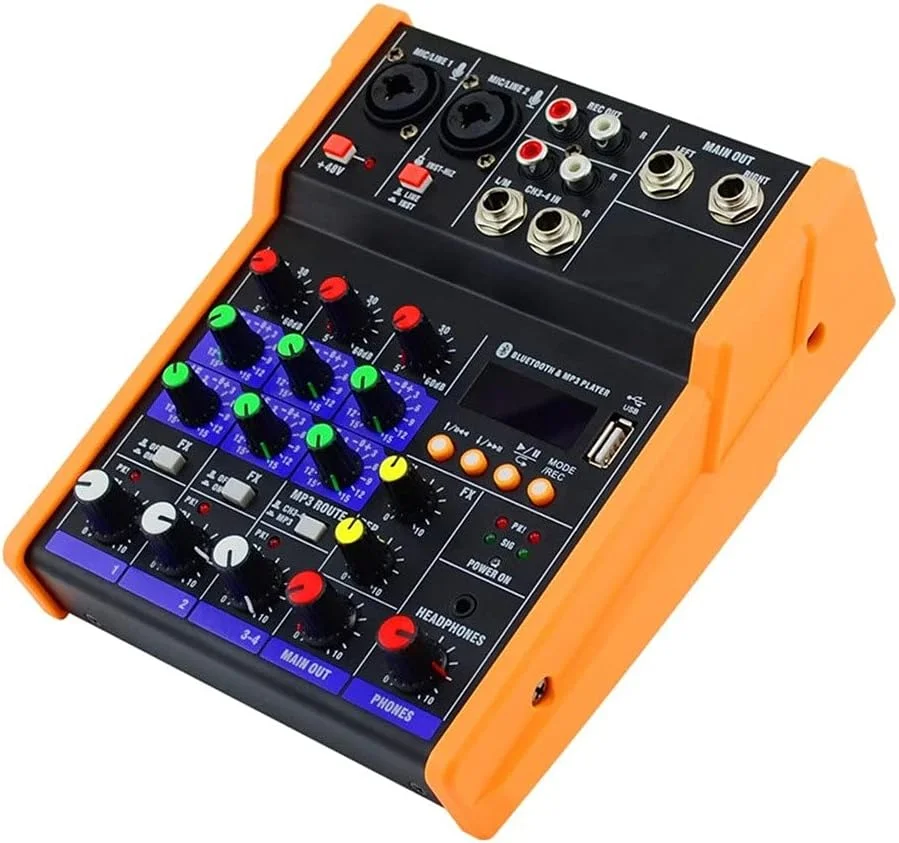 میکسر صوتی 4 کاناله، کنسول DJ، عملکرد قابل حمل برای ضبط PC، آواز خواندن، پخش اینترنتی، مهمانی، کنسول DJ