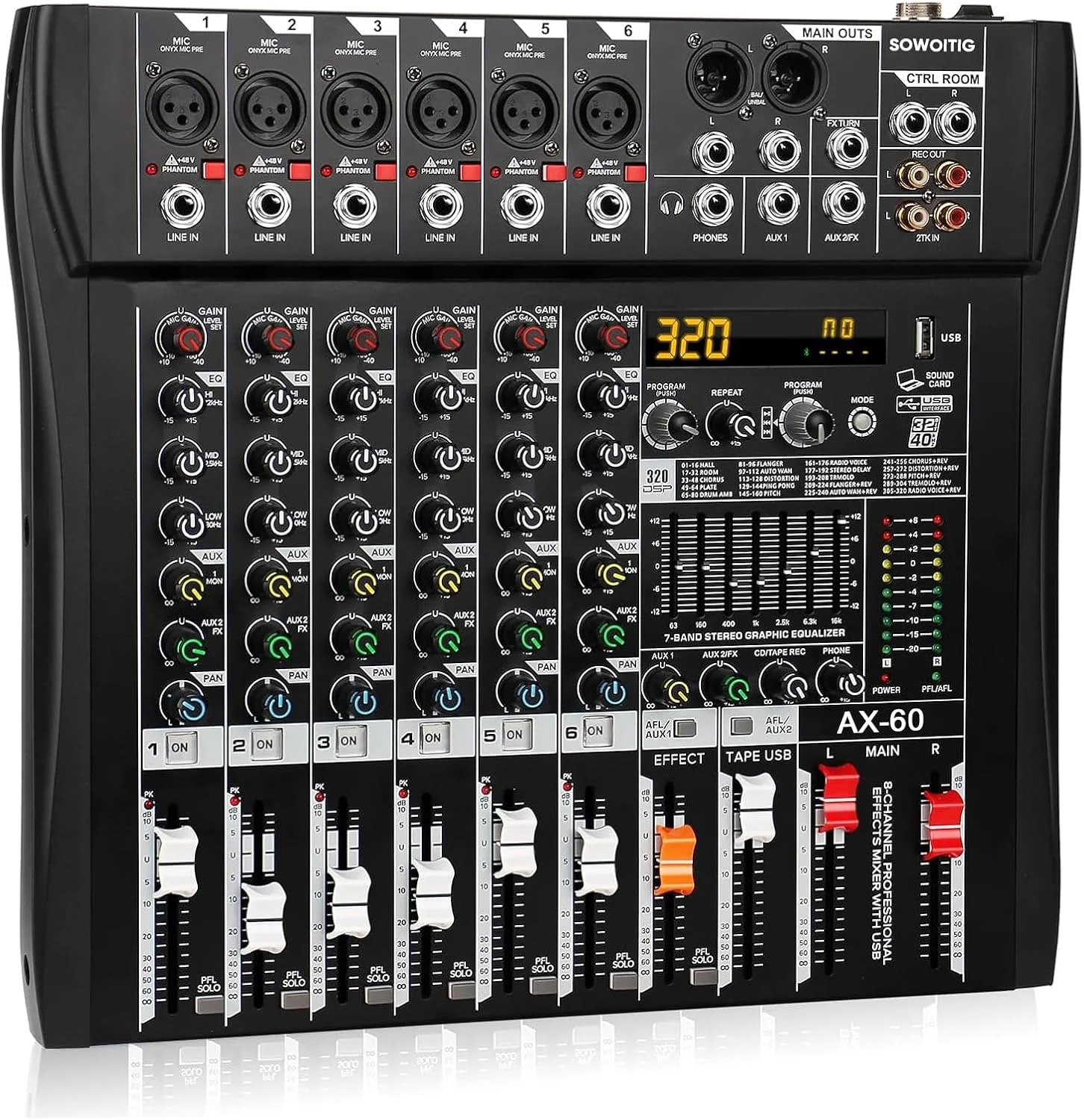 میکسر صوتی 6 کاناله با 320 افکت DSP، میکسر DJ دیجیتال، میکسر حرفه ای با اکولایزر 7 باندی، USB، بلوتوث، فانتوم پاور 48 ولت و دکمه Mute برای ضبط و اجرای زنده موسیقی