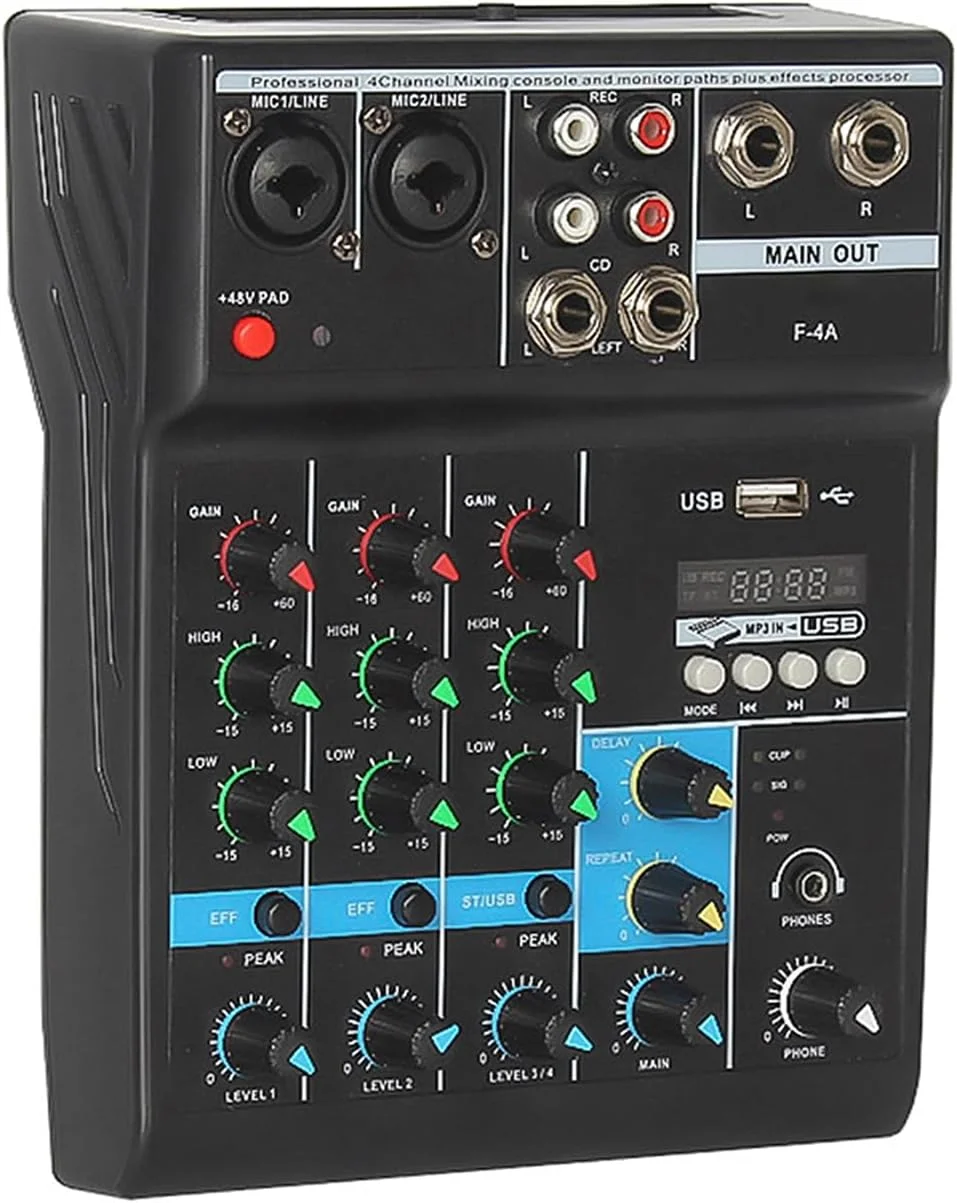 میکسر 4 کاناله F4A برای خانه، دی جی دیجیتال، میکسر استیج کنترل شده توسط کامپیوتر، اتصال USB با کارت صدا (YDuupxeeg4qu609tc-EU)
