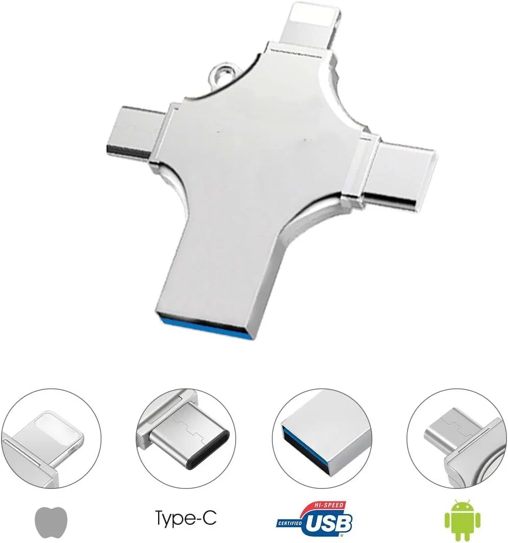 فلش مموری 4 در 1، 512 گیگابایت USB 3.0، سازگار با آیفون، اندروید، آیپد، مک، کامپیوتر، دارای اتصالات متعدد