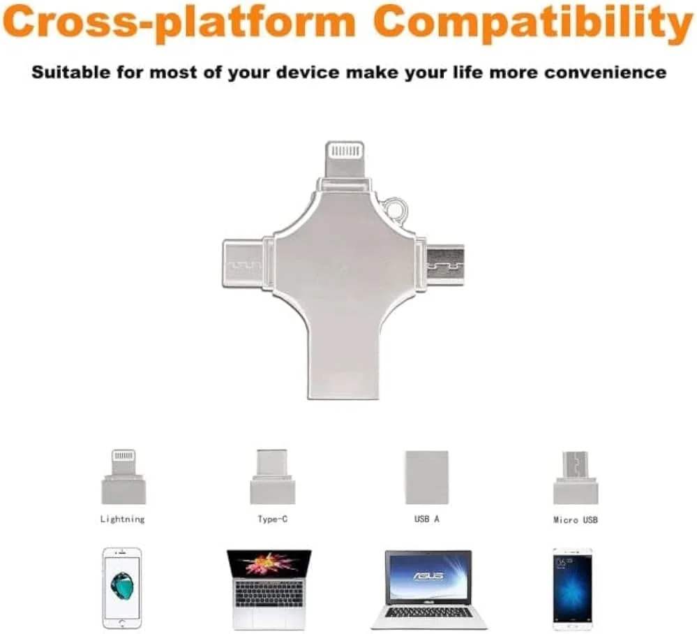 فلش مموری 4 در 1 USB 3.0 با ظرفیت 512 گیگابایت، سازگار با آیفون، اندروید، آیپد، مک، کامپیوتر، گلکسی اس و ویندوز، دارای کانکتورهای USB A، USB C، Micro USB و آیفون، حافظه قابل حمل فلش مموری 4 در 1 USB 3.0 با ظرفیت 512 گیگابایت، سازگار با آیفون، اندروید، آیپد، مک، کامپیوتر، گلکسی اس و ویندوز، دارای کانکتورهای USB A، USB C، Micro USB و آیفون، حافظه قابل حمل