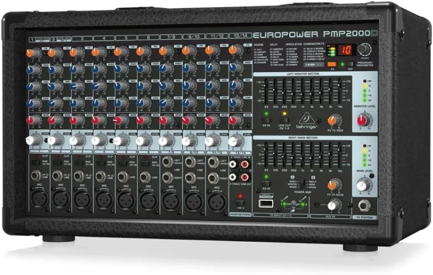 میکسر پاور 14 کاناله 2000 واتی Behringer EUROPOWER PMP2000D با پردازنده Klark Teknik Multi-FX و قابلیت اتصال بی‌سیم