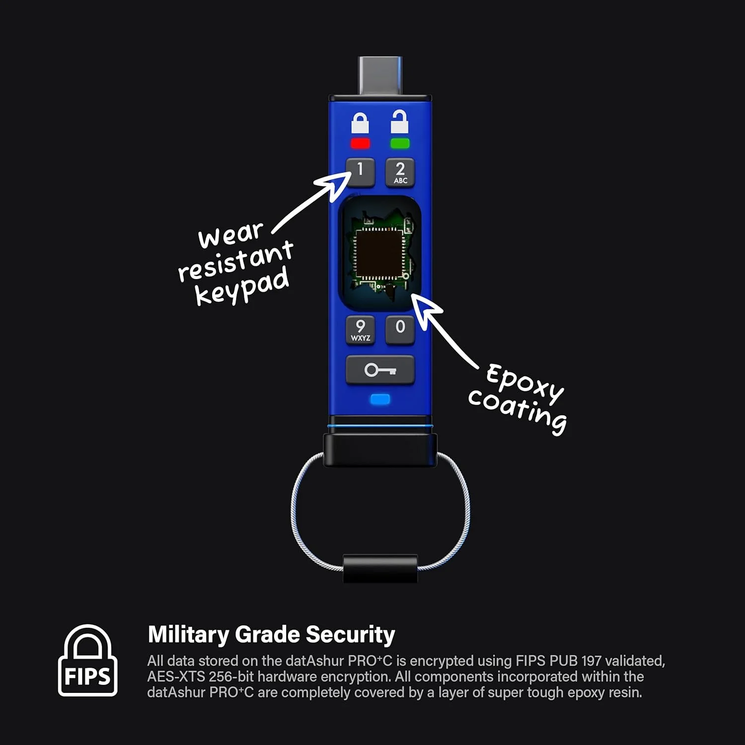 iStorage datAshur Pro+C 32GB - فلش درایو امن USB Type-C - دارای گواهینامه FIPS 140-3 Level 3 - محافظت شده با کد پین - شامل آداپتور Type C-A iStorage datAshur Pro+C 32GB - فلش درایو امن USB Type-C - دارای گواهینامه FIPS 140-3 Level 3 - محافظت شده با کد پین - شامل آداپتور Type C-A