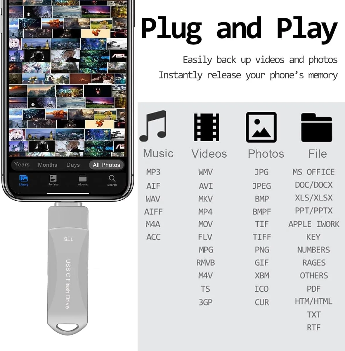 فلش مموری 2 ترابایتی USB با رابط Type C، فلش مموری USB پرسرعت، درایو دوگانه 2 در 1 با سوراخ جاکلیدی و جاکلیدی OTG برای تلفن های هوشمند، کامپیوترها، تبلت ها، PC