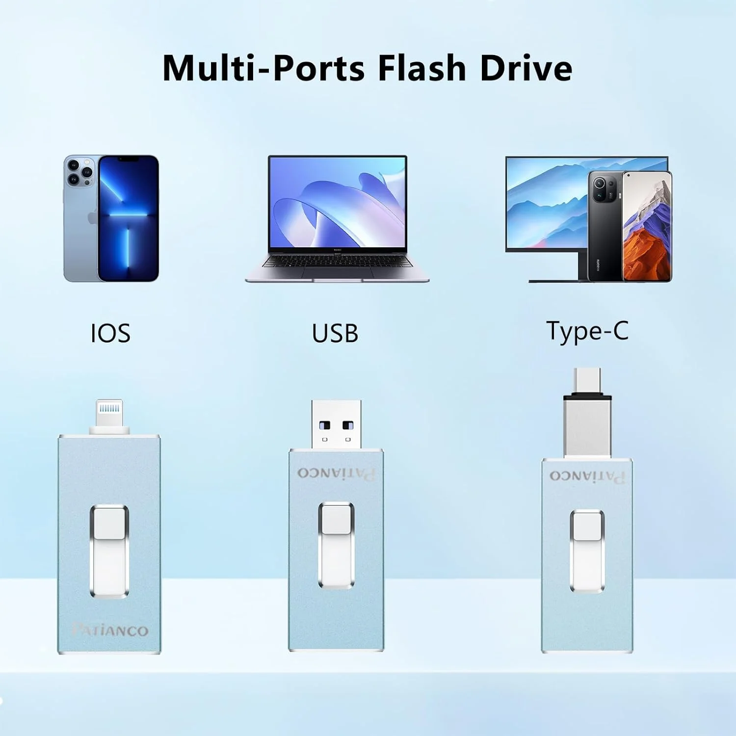 فلش درایو USB با کانکتور لایتنینگ Patianco، تایید شده توسط Apple MFi، ظرفیت 512 گیگابایت، USB 3.0، سرعت خواندن/نوشتن 100/625 مگابایت بر ثانیه، فلش مموری قابل حمل برای آیفون/آیپد/کامپیوتر، آبی