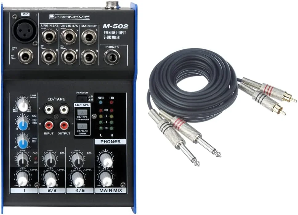 میکسر پرونومیک M-502 مناسب استودیو و اجرای زنده (1 کانال مونو XLR/TRS، 2 کانال استریو، اکولایزر 3 باندی، فانتوم پاور 48 ولت) و کابل صوتی Adam Hall Cables K3TPC0300 با 2 فیش نری RCA به 2 فیش TS 6.3mm مونو 3 متری