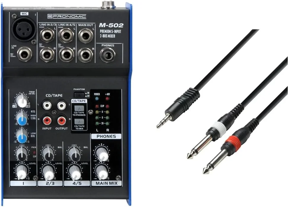 میکسر پرونومیک M-502 مناسب استودیو و اجرای زنده (1 کانال مونو XLR/TRS، 2 کانال استریو، اکولایزر 3 باندی، فانتوم پاور 48 ولت) و کابل صوتی K3 YWPP 0100 استریو 3.5 میلی‌متری به 2 عدد مونو 6.3 میلی‌متری به طول 1 متر