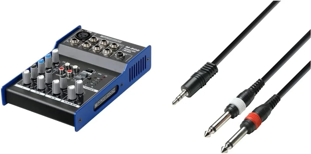 میکسر پرونومیک M-502 مناسب استودیو و اجرای زنده (1 کانال مونو XLR/TRS، 2 کانال استریو، اکولایزر 3 باندی) و کابل صوتی Adam Hall Cables K3YWPP0300 استریو 3.5 میلی‌متری به 2 عدد مونو 6.3 میلی‌متری 3 متری