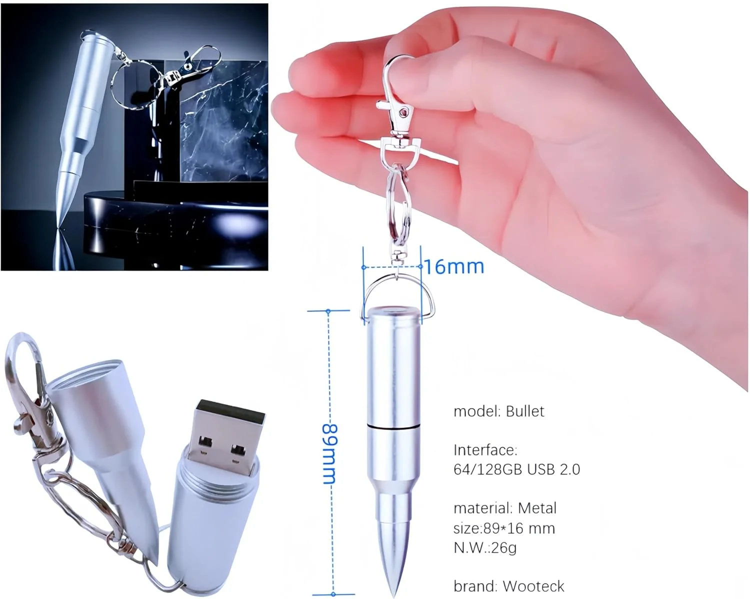 فلش مموری USB طرح گلوله فلزی براق 64 گیگابایتی با جاکلیدی (طلایی، برنزی، نقره ای) - بسته 3 عددی