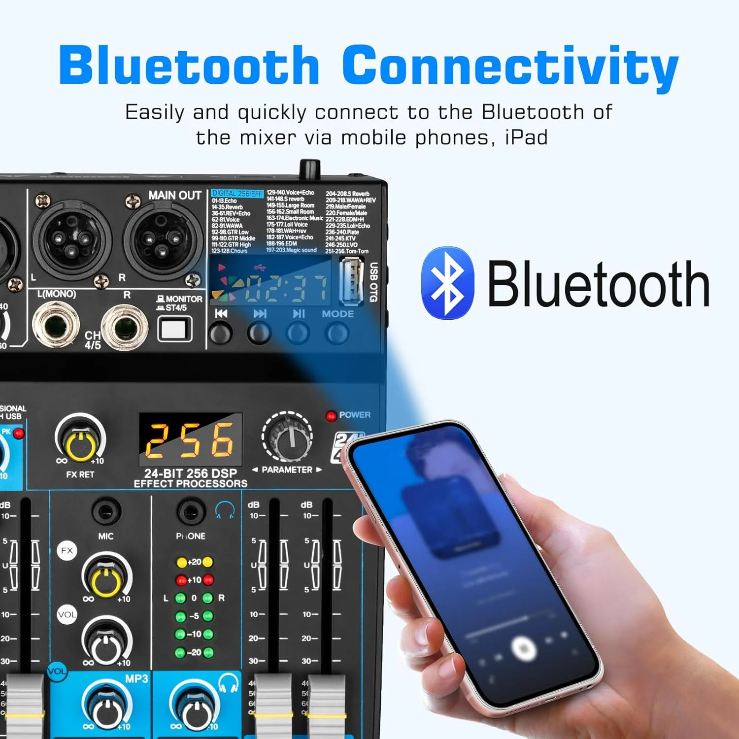 میکسر صوتی حرفه ای Depusheng دیجیتال FX 256 بیتی DSP USB بلوتوث MP3 میکسر DJ کامپیوتر رابط ورودی 5 کاناله با فانتوم پاور 48 ولت برای ضبط رایانه شخصی، پخش زنده، کارائوکه