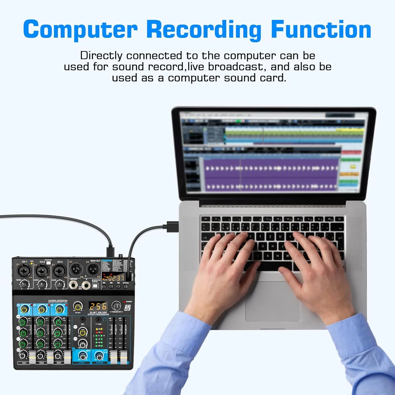 میکسر صوتی حرفه ای Depusheng دیجیتال FX 256 بیتی DSP USB بلوتوث MP3 میکسر DJ کامپیوتر رابط ورودی 5 کاناله با فانتوم پاور 48 ولت برای ضبط رایانه شخصی، پخش زنده، کارائوکه