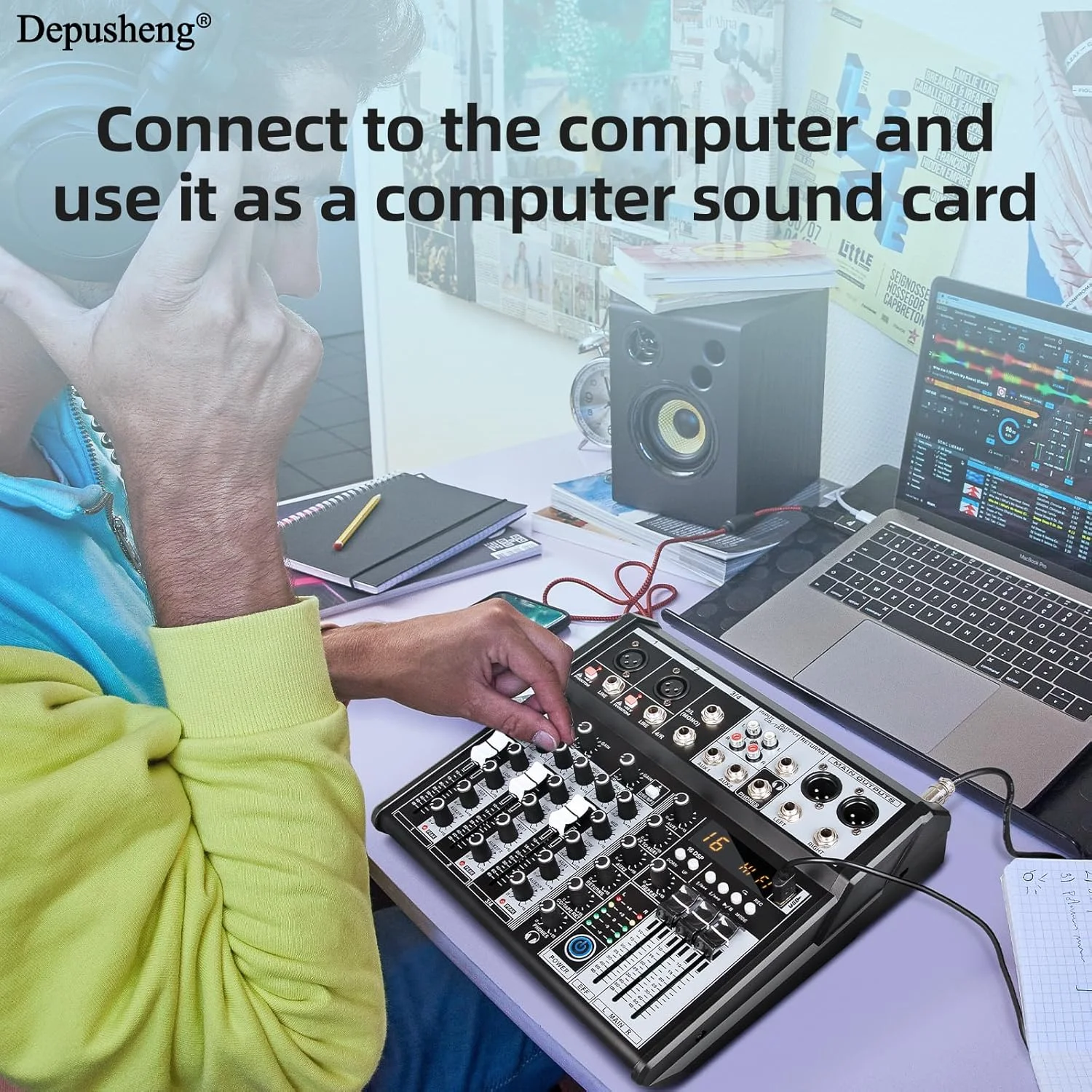 میکسر صوتی حرفه ای Depusheng، سیستم میکسر صوتی 4 کاناله، میکسر بلوتوث دی جی DSP 16 بیتی + افکت فانتوم 48 ولت برای استودیو کارائوکه (XT4 EU)