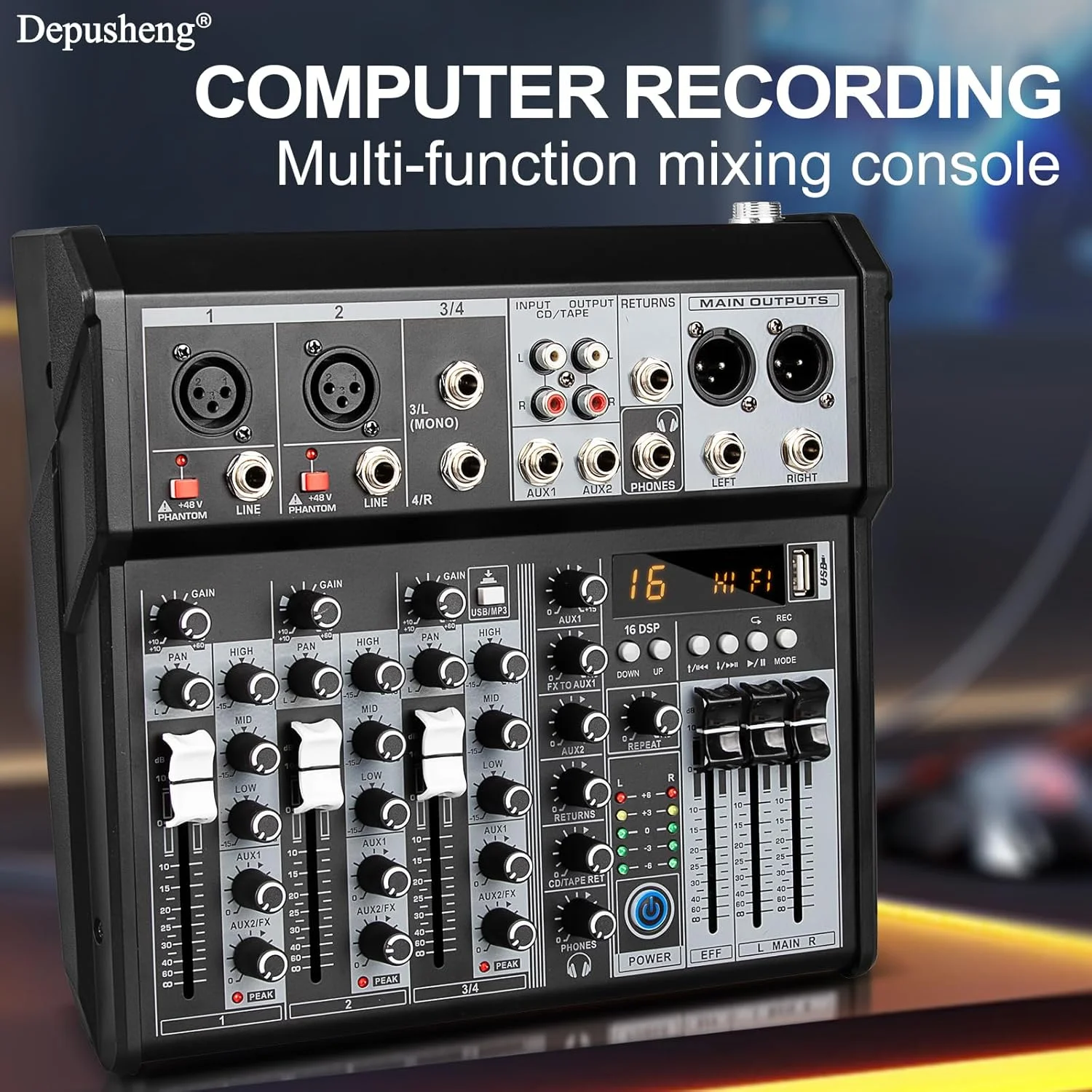 میکسر صوتی حرفه ای Depusheng، سیستم میکسر صوتی 4 کاناله، میکسر بلوتوث دی جی DSP 16 بیتی + افکت فانتوم 48 ولت برای استودیو کارائوکه (XT4 EU)