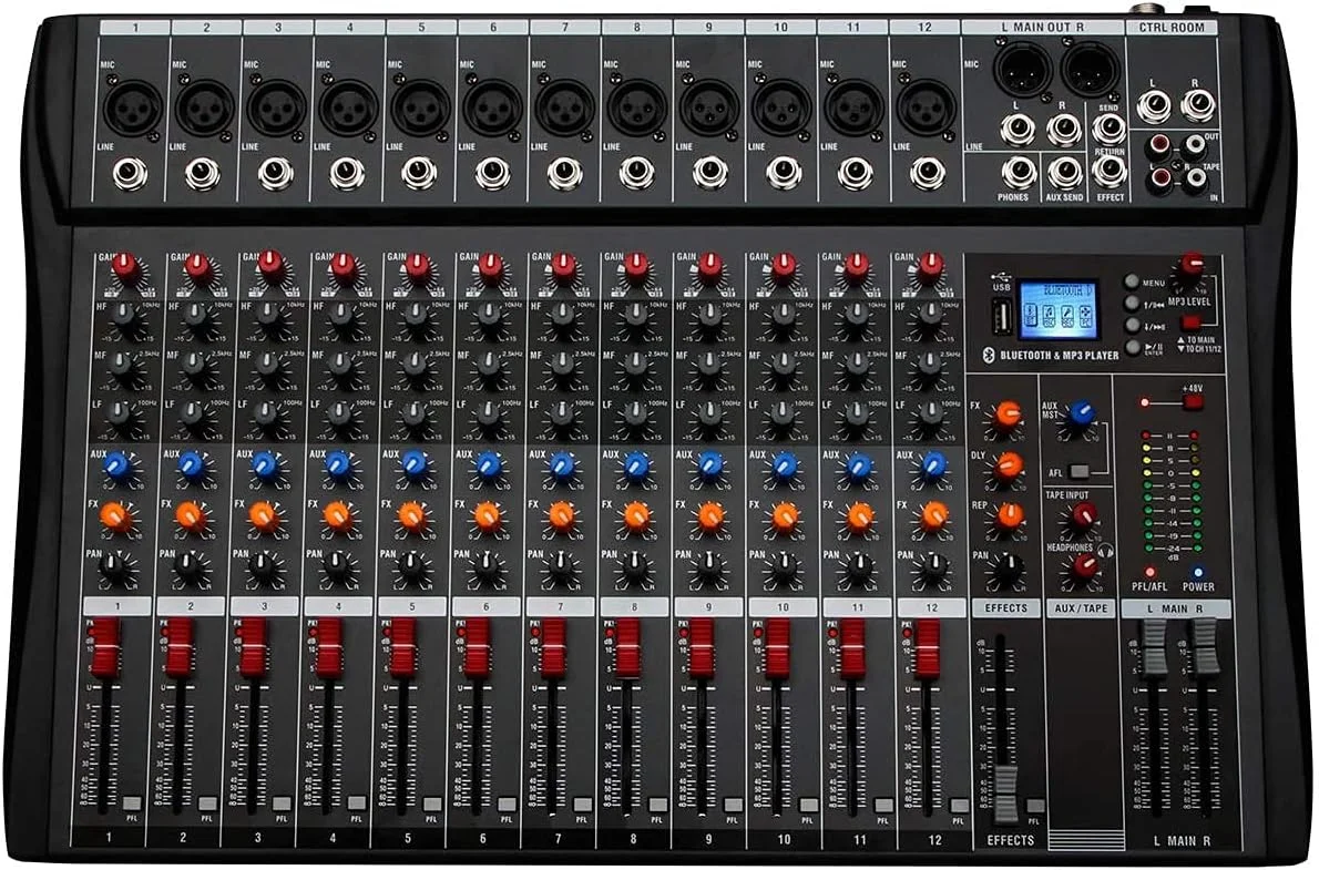 میکسر صدا Depusheng DA12 دی جی با درگاه USB برای ضبط کامپیوتر، بلوتوث، میکسر صوتی 12 کانال، جک میکروفون XLR، منبع تغذیه 48 ولت، ورودی/خروجی RCA