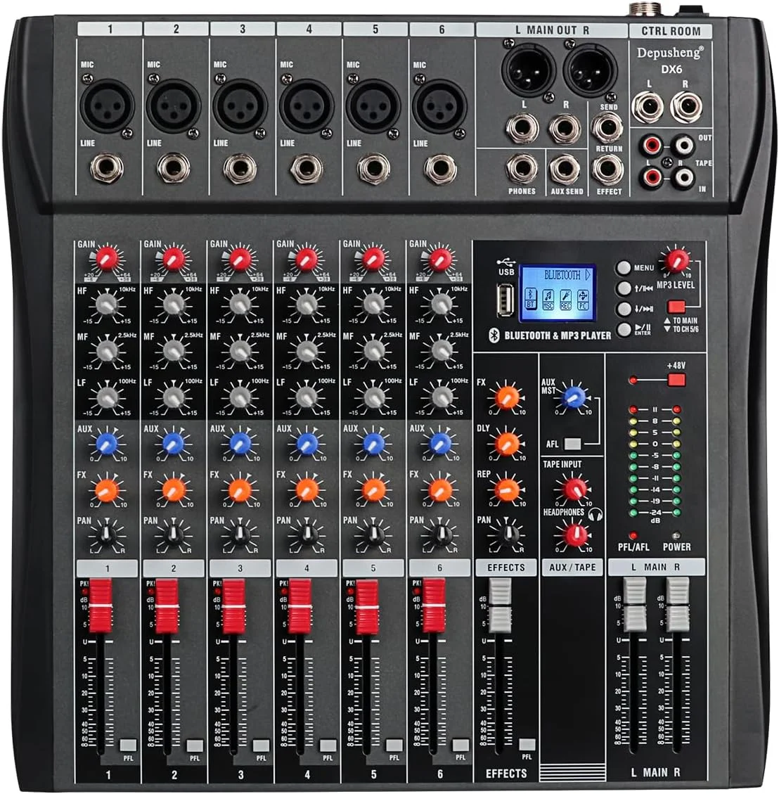 میکسر حرفه ای 6 کانال Depusheng DX6، رابط سیستم میز کنسول صدا، ورودی USB MP3 بلوتوث دیجیتال، فانتوم پاور 48 ولت، استریو DJ Studio FX بدنه فولادی، میکسر صدا برای کامپیوتر، مشکی