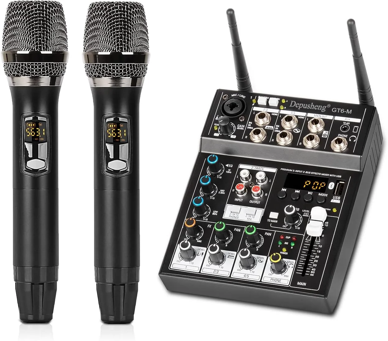 میکسر صوتی Depusheng GT6-M، کنسول صدای 6 کاناله با دو میکروفون بی سیم، کنسول کارت صدا بلوتوث USB DJ برای استودیوی کامپیوتر مهمانی کارائوکه