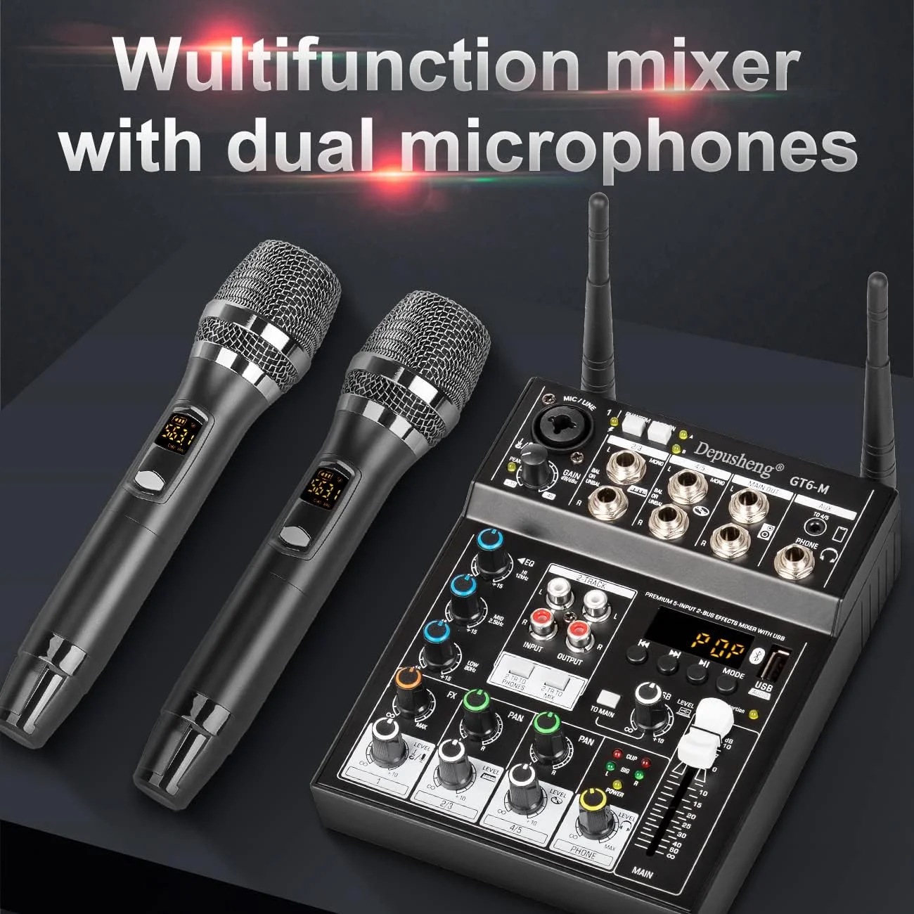 میکسر صوتی Depusheng GT6-M، کنسول صدای 6 کاناله با دو میکروفون بی سیم، کنسول کارت صدا بلوتوث USB DJ برای استودیوی کامپیوتر مهمانی کارائوکه