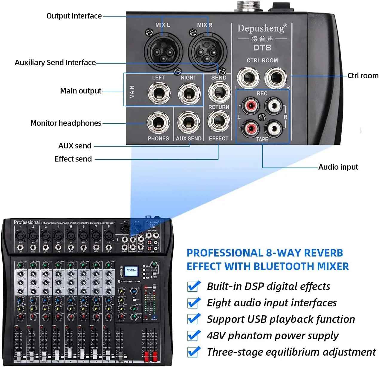 میکسر حرفه ای صدا Depusheng DT8، کنسول 8 کاناله، رابط سیستم دسکتاپ دیجیتال USB، ورودی MP3، فانتوم پاور 48 ولت، استریو DJ Studio FX، شاسی فولادی، مشکی